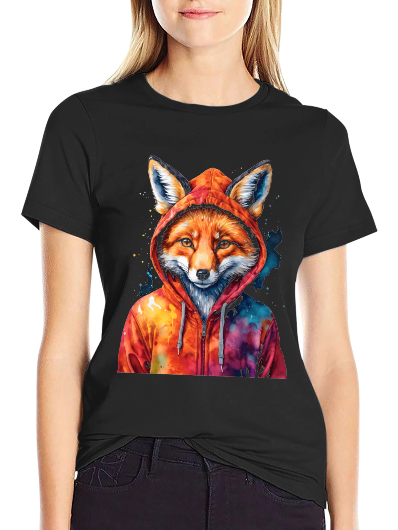 Fox in Hoodie Graphic T-Shirt - Cool Animal Tee - 2