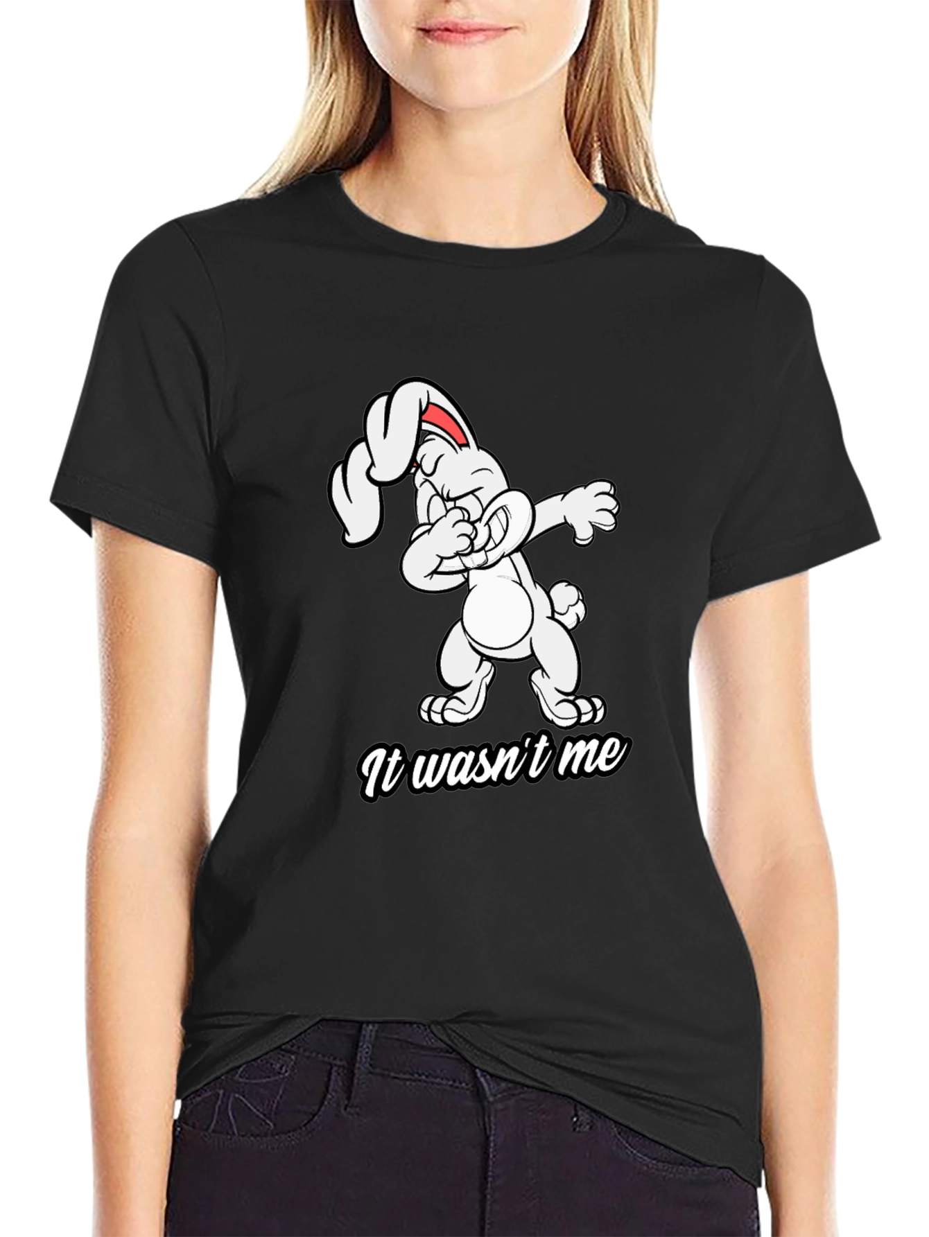 Black Dabbing Bunny T-Shirt - "It Wasn't Me" Design view 2