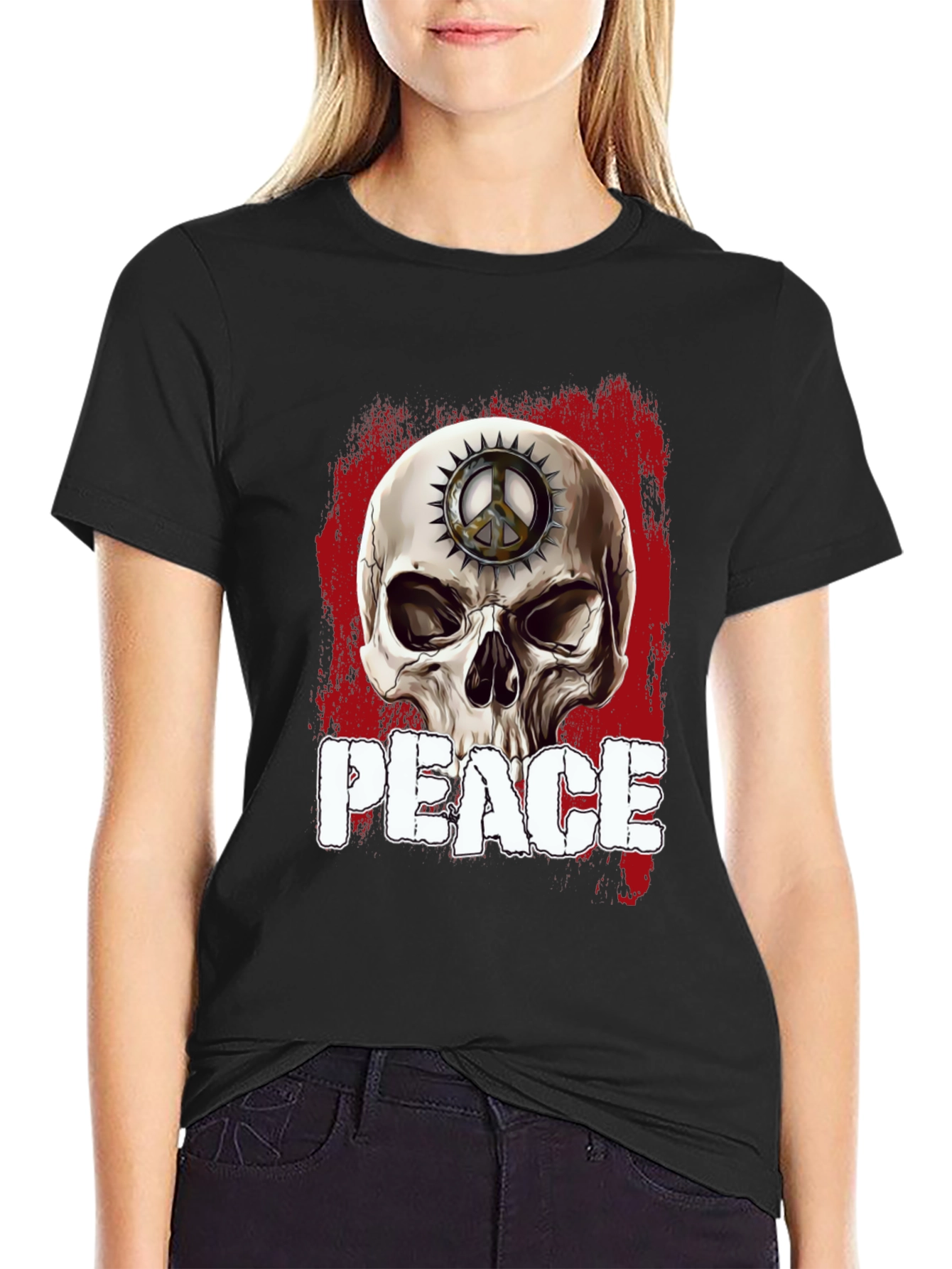 Black Skull Peace Sign Graphic T-Shirt view 2