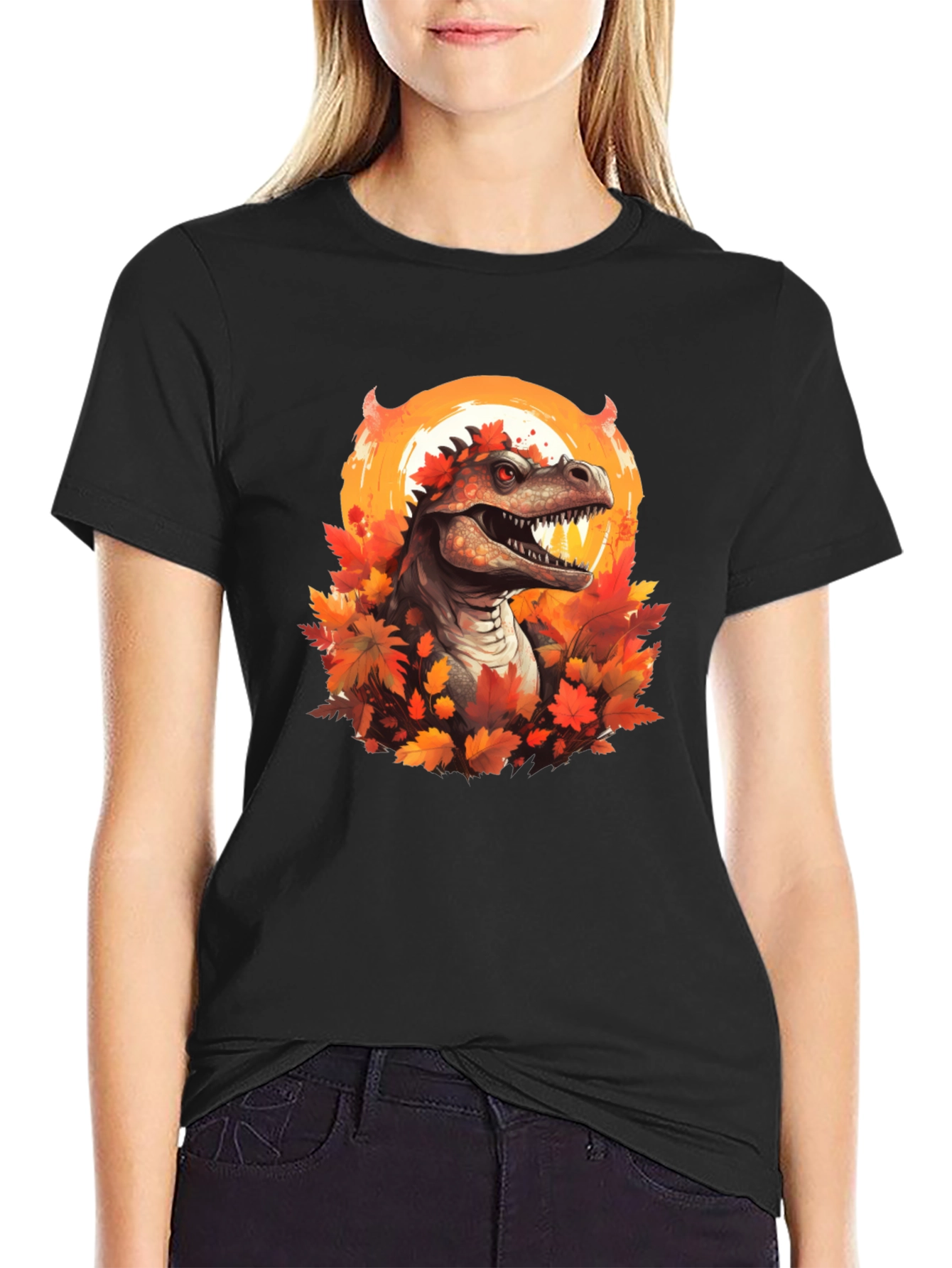 Black Dinosaur in Autumn T-Shirt view 2