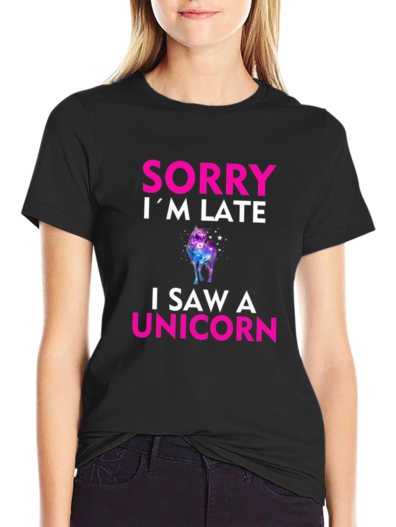 Black Sorry I'm Late I Saw a Unicorn T-Shirt view 2