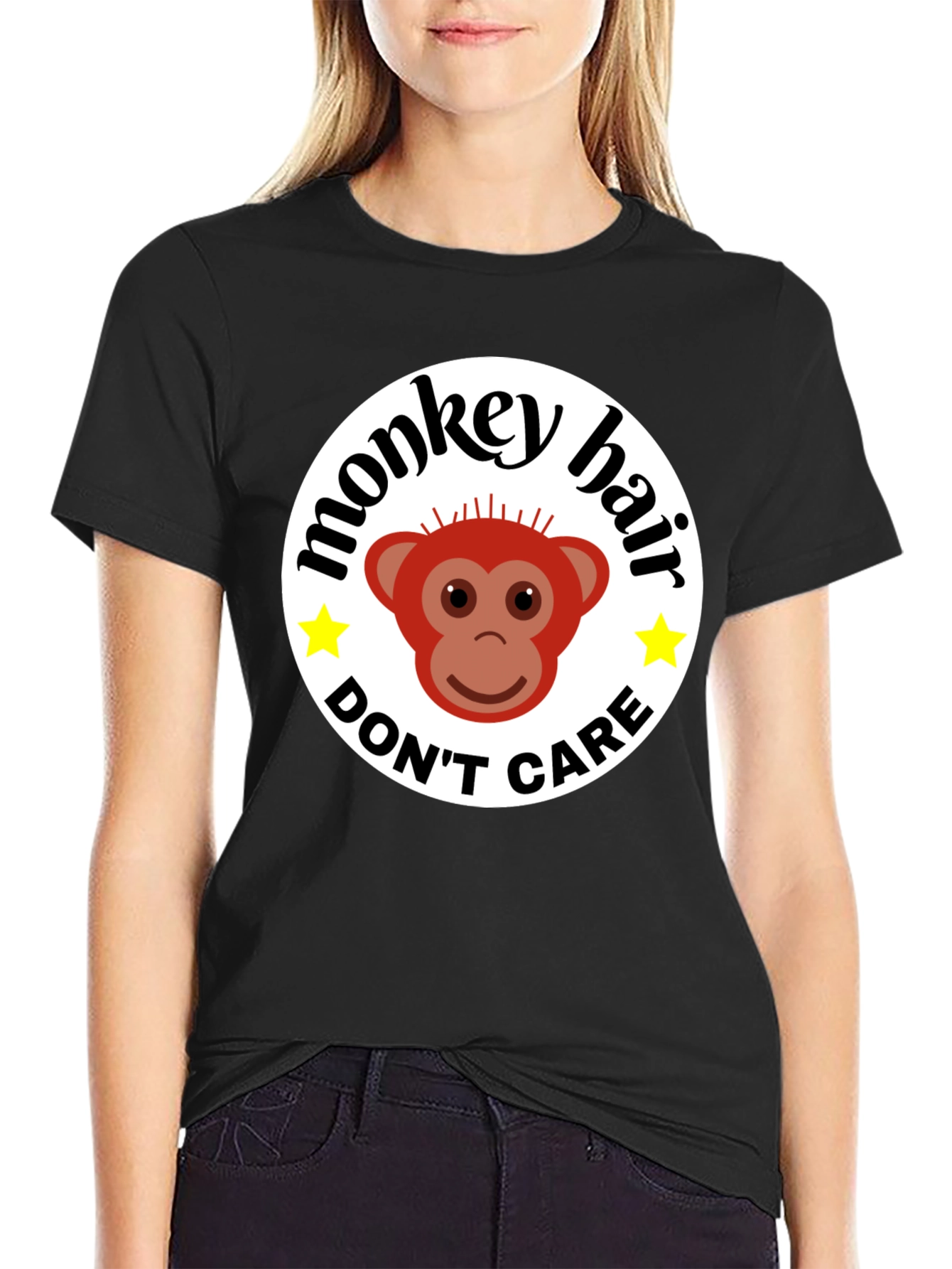 Black Monkey Hair, Don't Care! Black Graphic Tee view 2