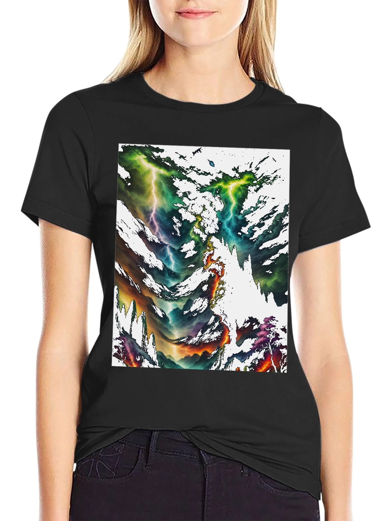 Black Abstract Lightning Bolt Graphic Print Black Tee view 2