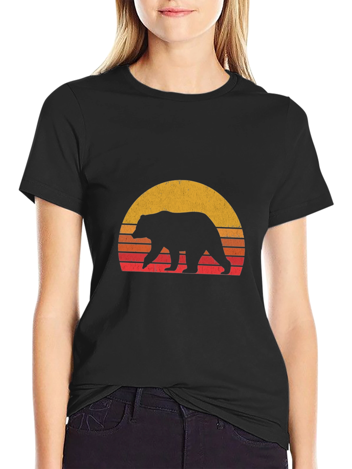 Black Retro Bear Sunset Graphic T-Shirt view 2