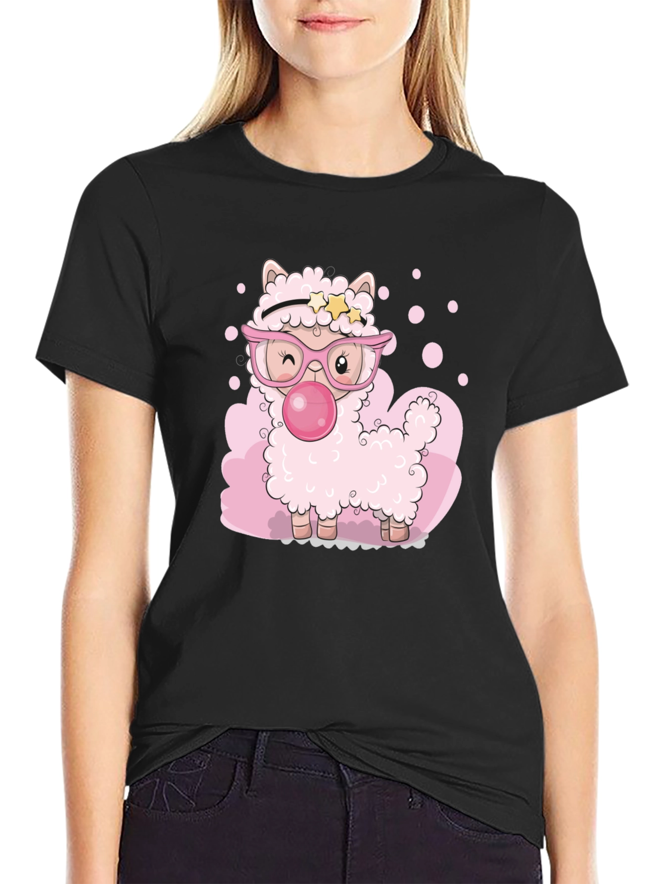 Black Cute Cartoon Llama Bubble Gum Black T-Shirt view 2
