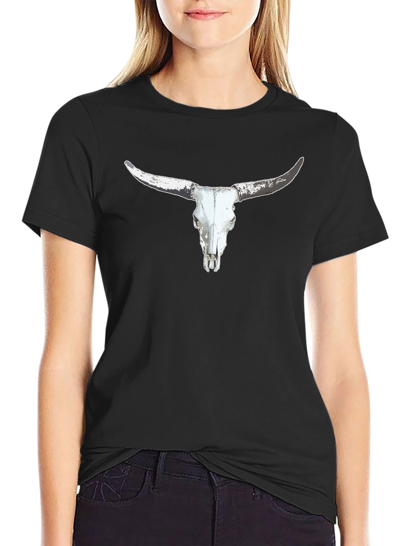 Black Longhorn Skull Graphic Black T-Shirt view 2