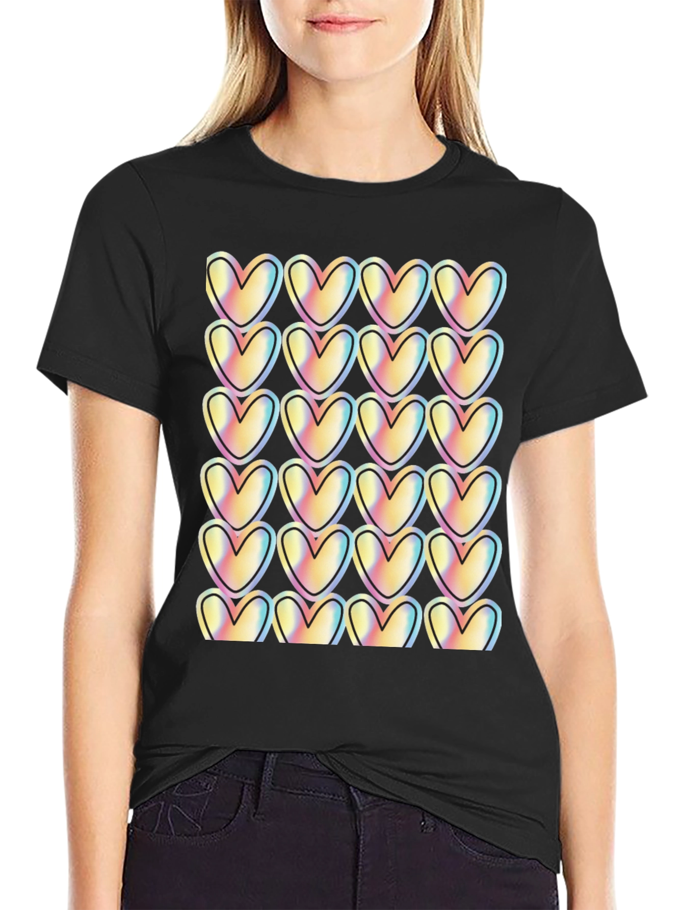 Black Heart Pattern T-Shirt - Trendy Casual Wear view 2