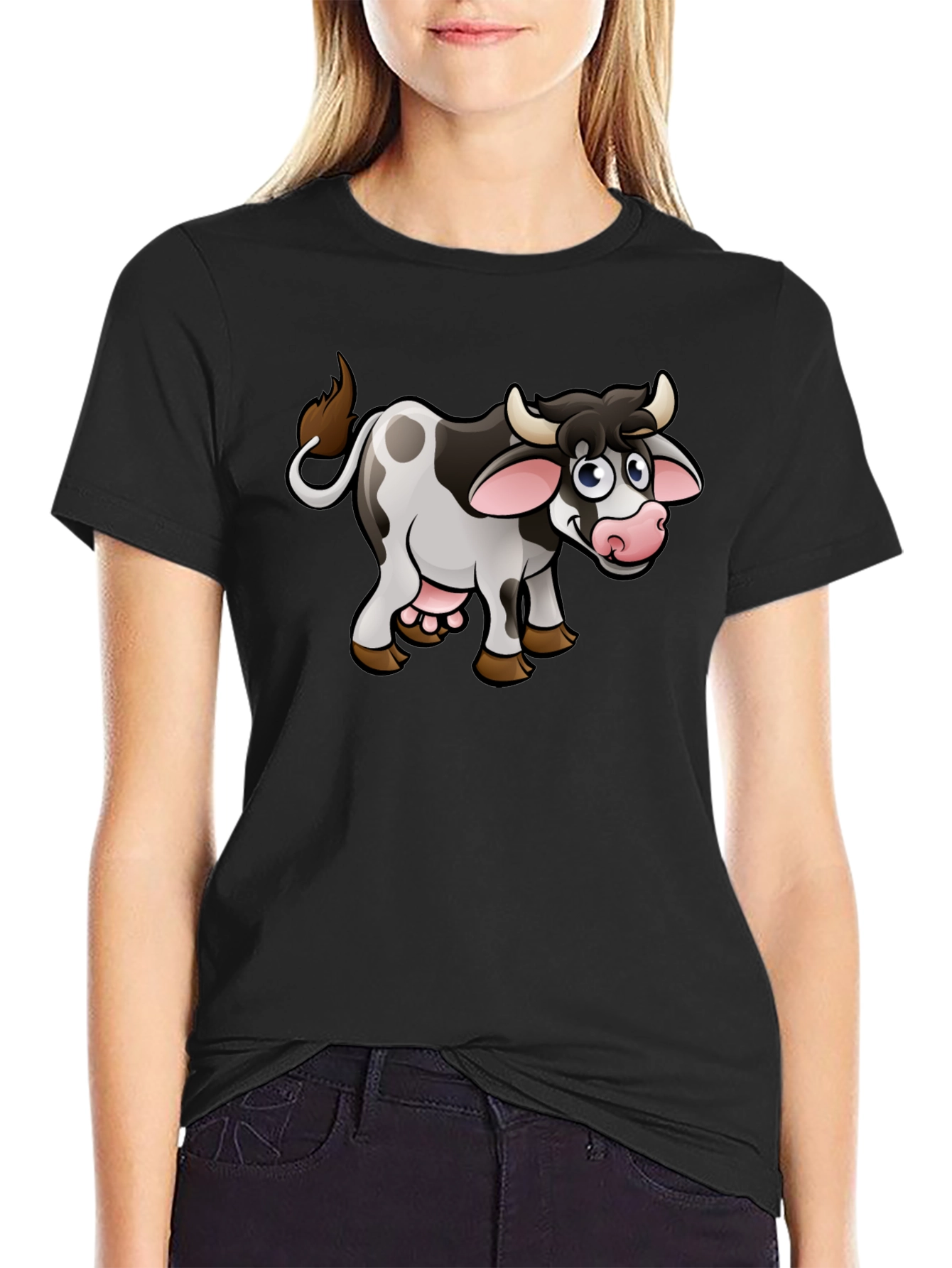 Black Cartoon Cow T-Shirt - Black Cotton Graphic Tee view 2