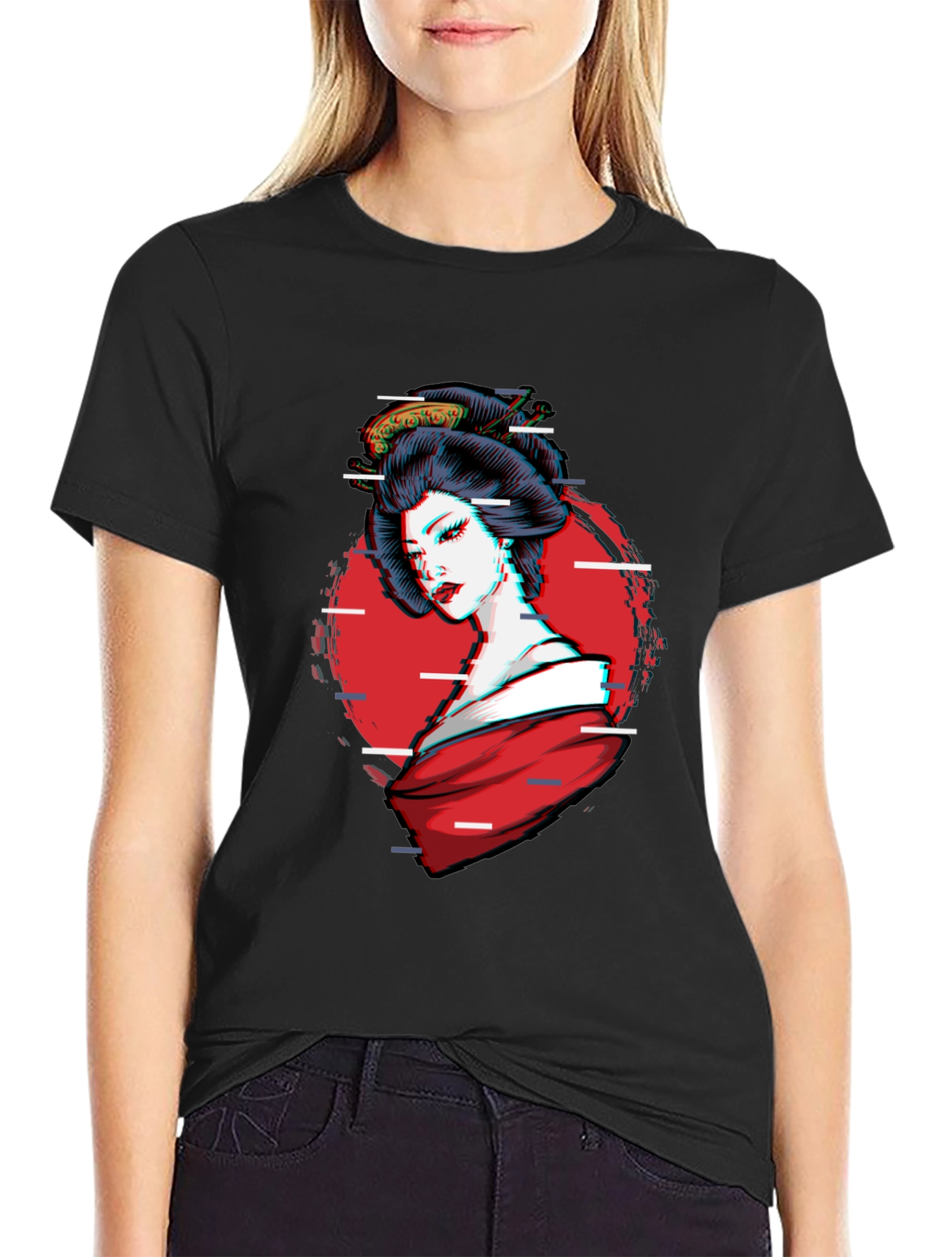 Black Geisha Glitch T-Shirt - Stylish Graphic Tee view 2