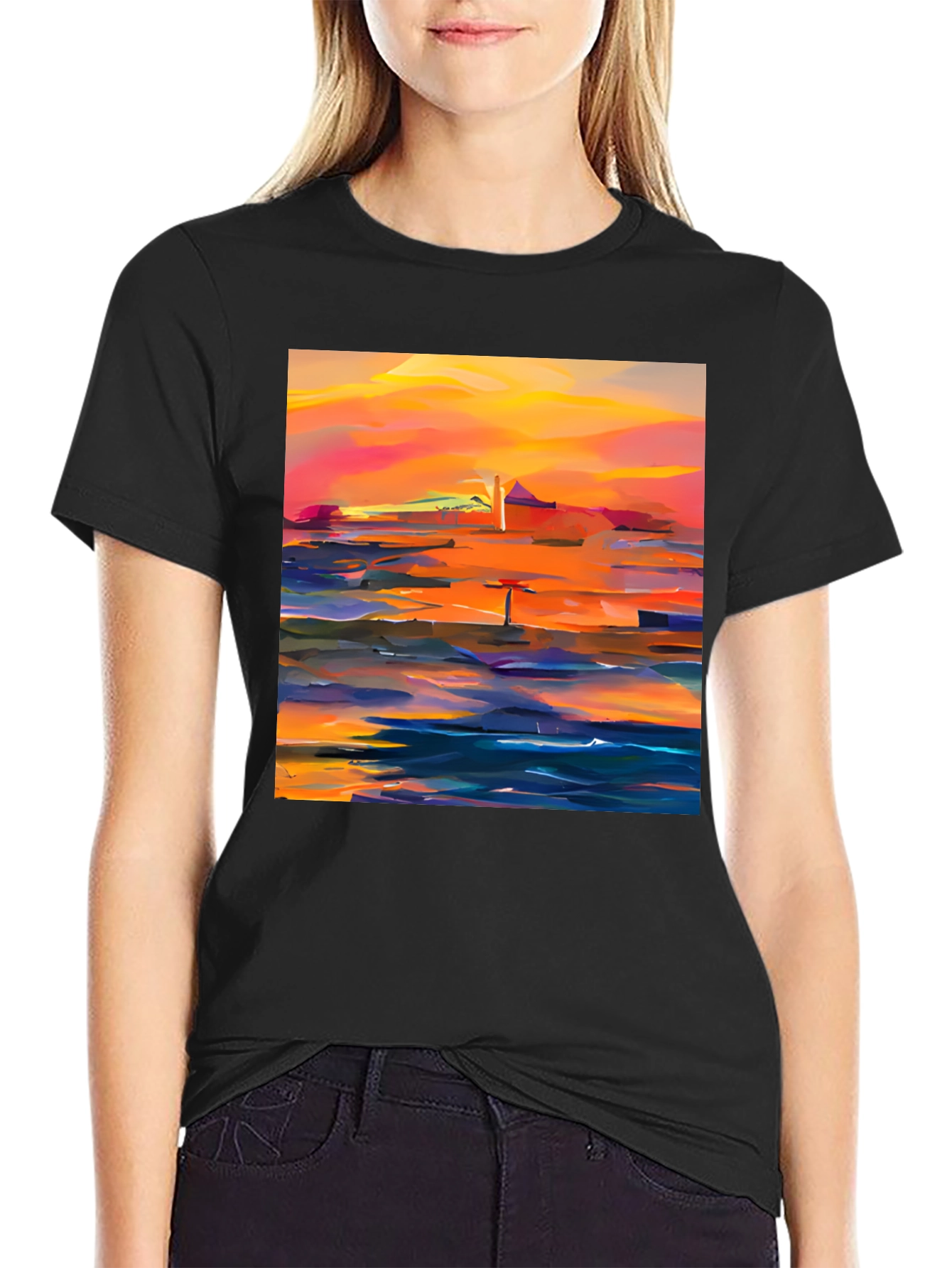Black Abstract Sunset Graphic Tee - Stylish Cotton Blend view 2