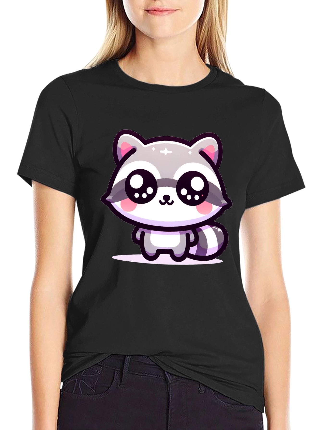 Black Cute Raccoon Graphic Black T-Shirt view 2