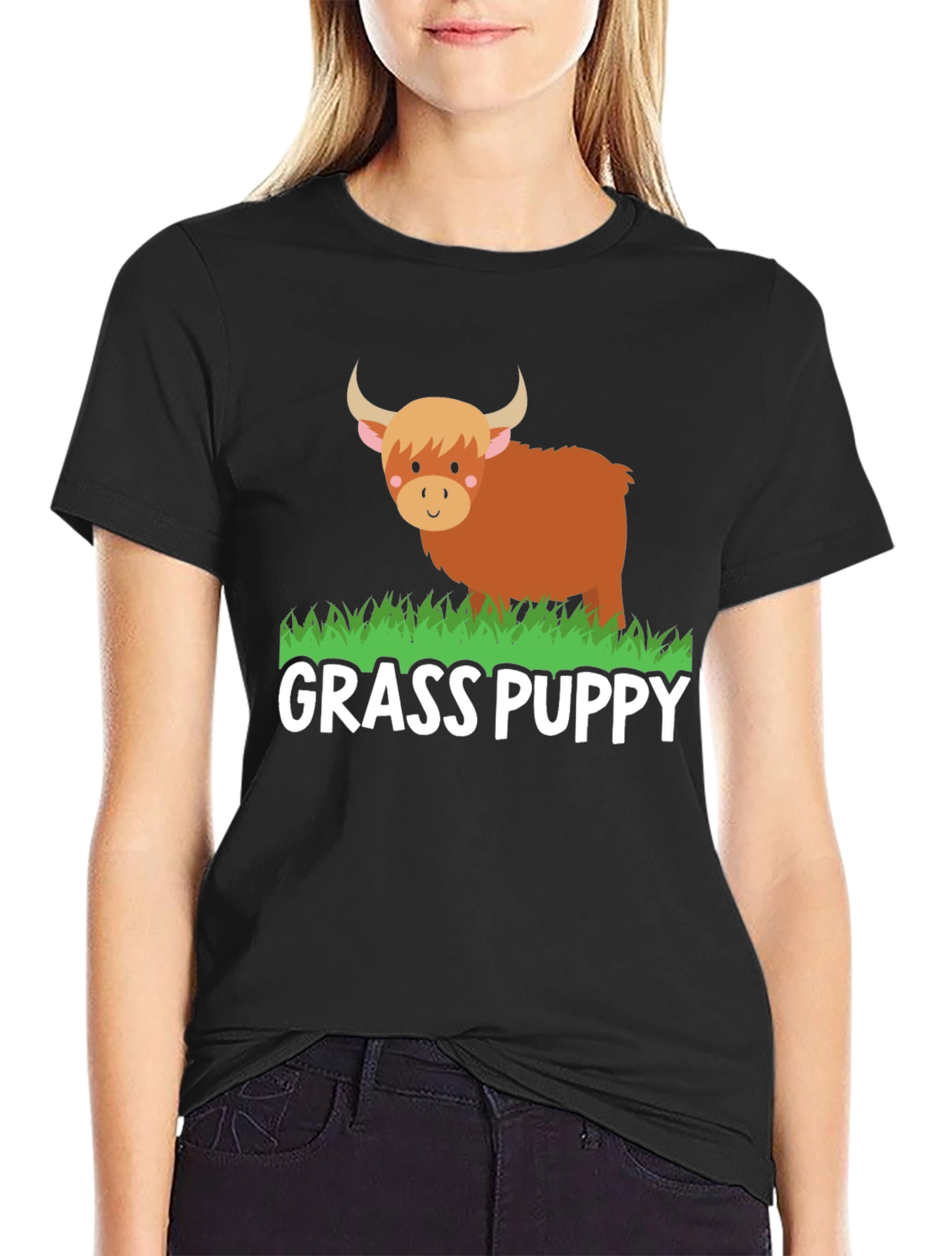 Black Grass Puppy Highland Cow Graphic Tee view 2