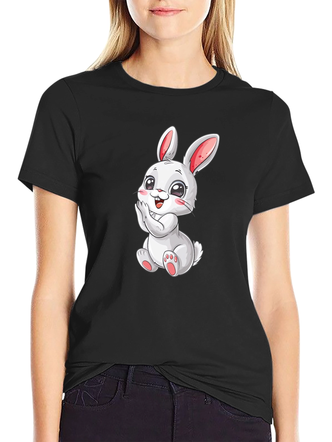 Black Cute Bunny Graphic Tee - Black Cotton Comfort view 2