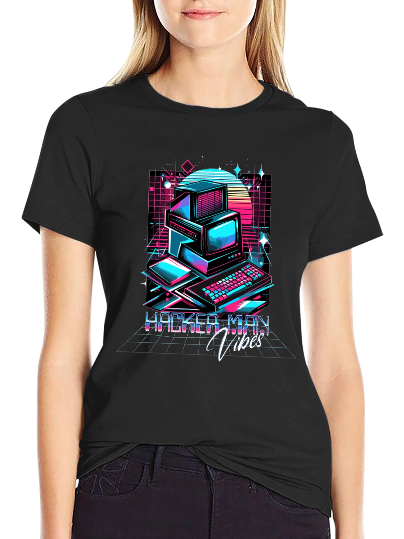 Black Hacker Man Vibes T-Shirt - Retro Computer Design view 2