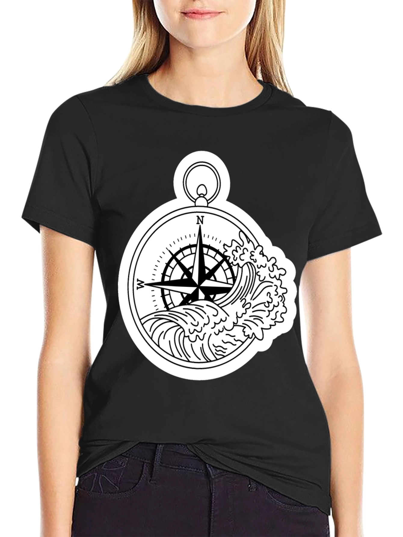 Black Nautical Compass Wave Graphic T-Shirt - Black view 2