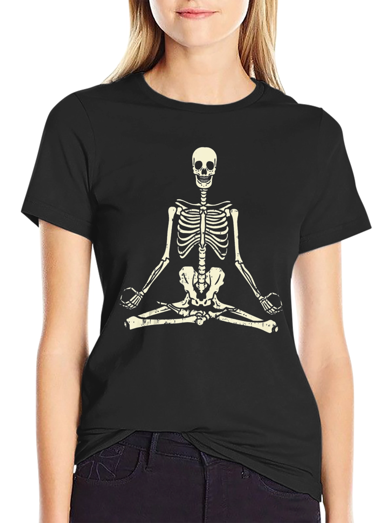 Black Yoga Skeleton T-Shirt - Meditating Skeleton Tee view 2