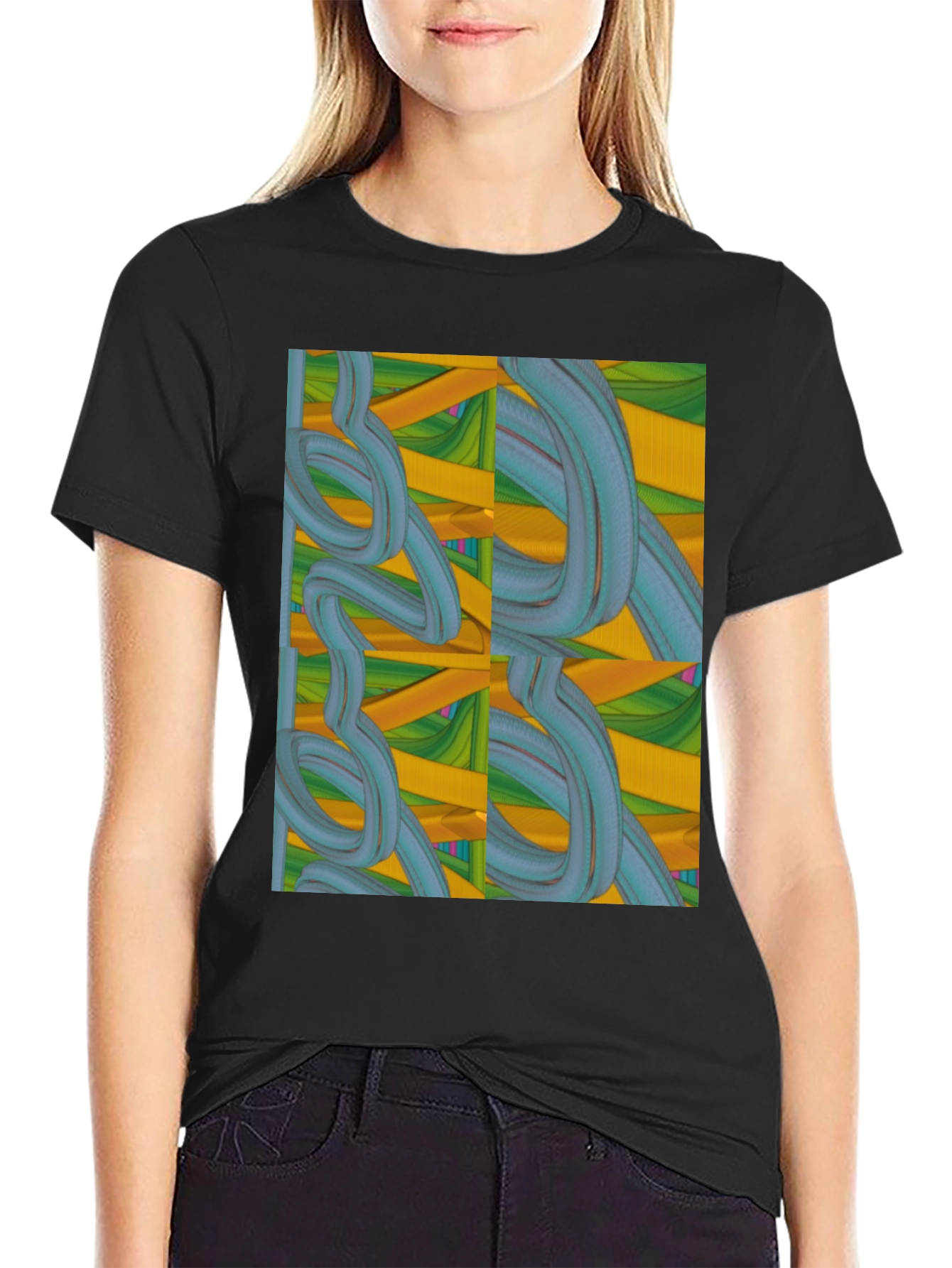 Black Abstract Swirl Design Black T-Shirt view 2