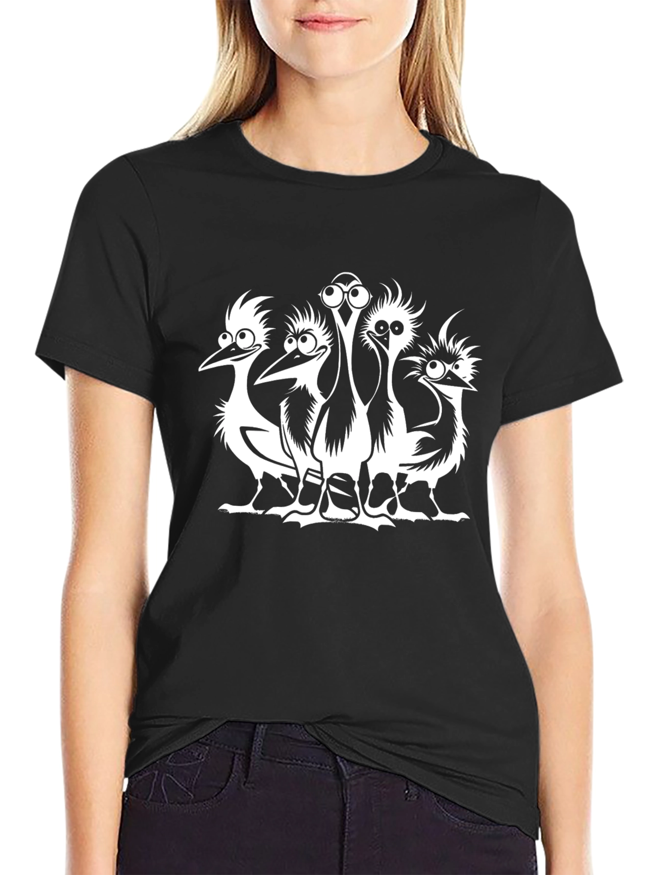 Black Cartoon Ostrich Graphic T-Shirt - Unisex view 2