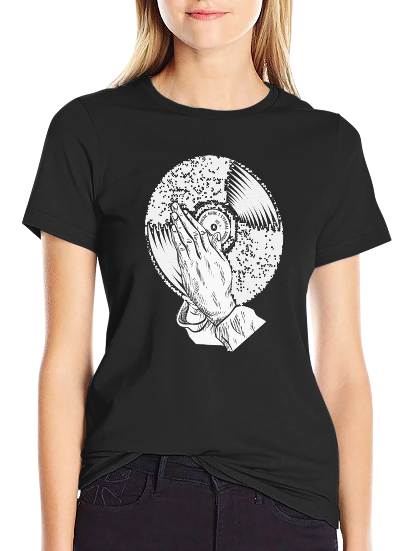 Black Black Graphic Tee: Praying Hands Record Design view 2