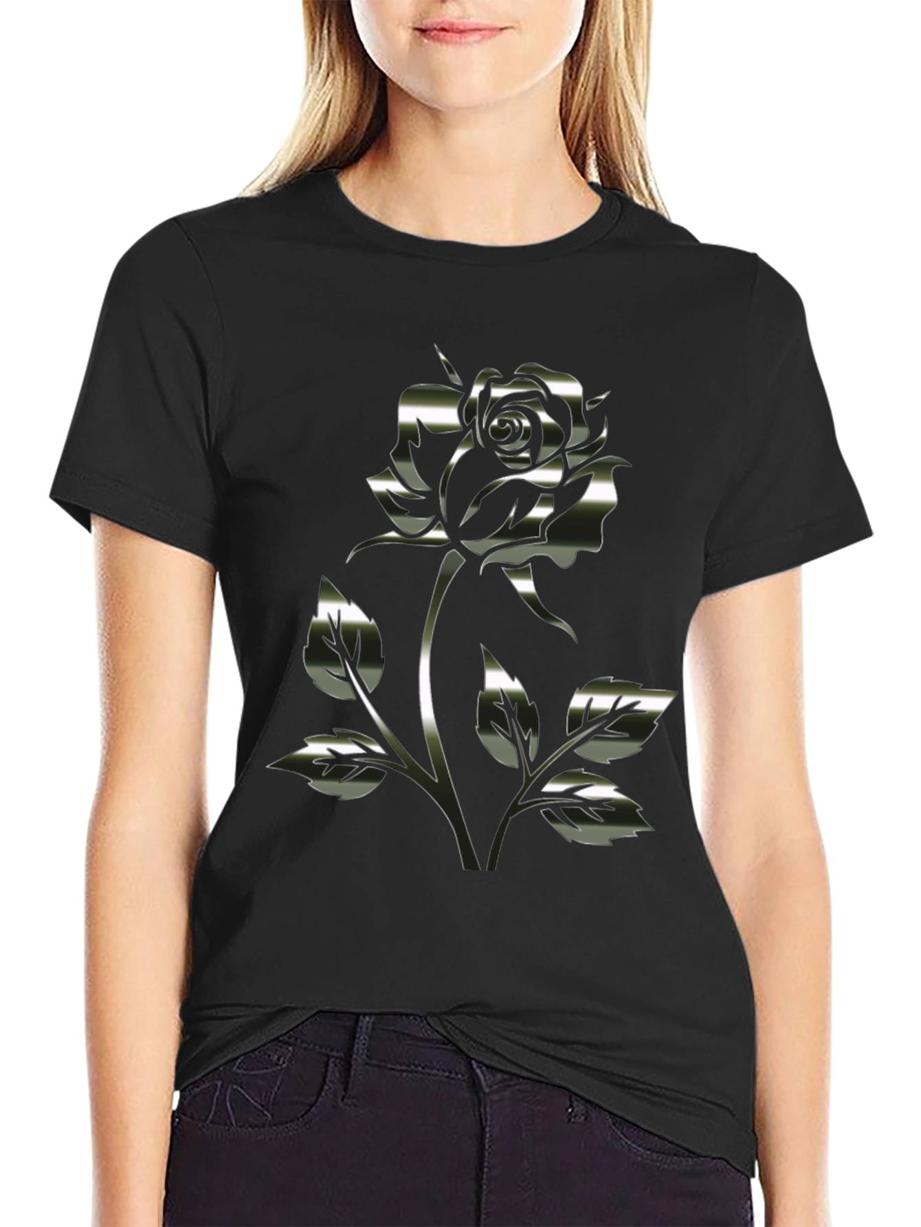 Black Chrome Rose Graphic Black T-Shirt view 2