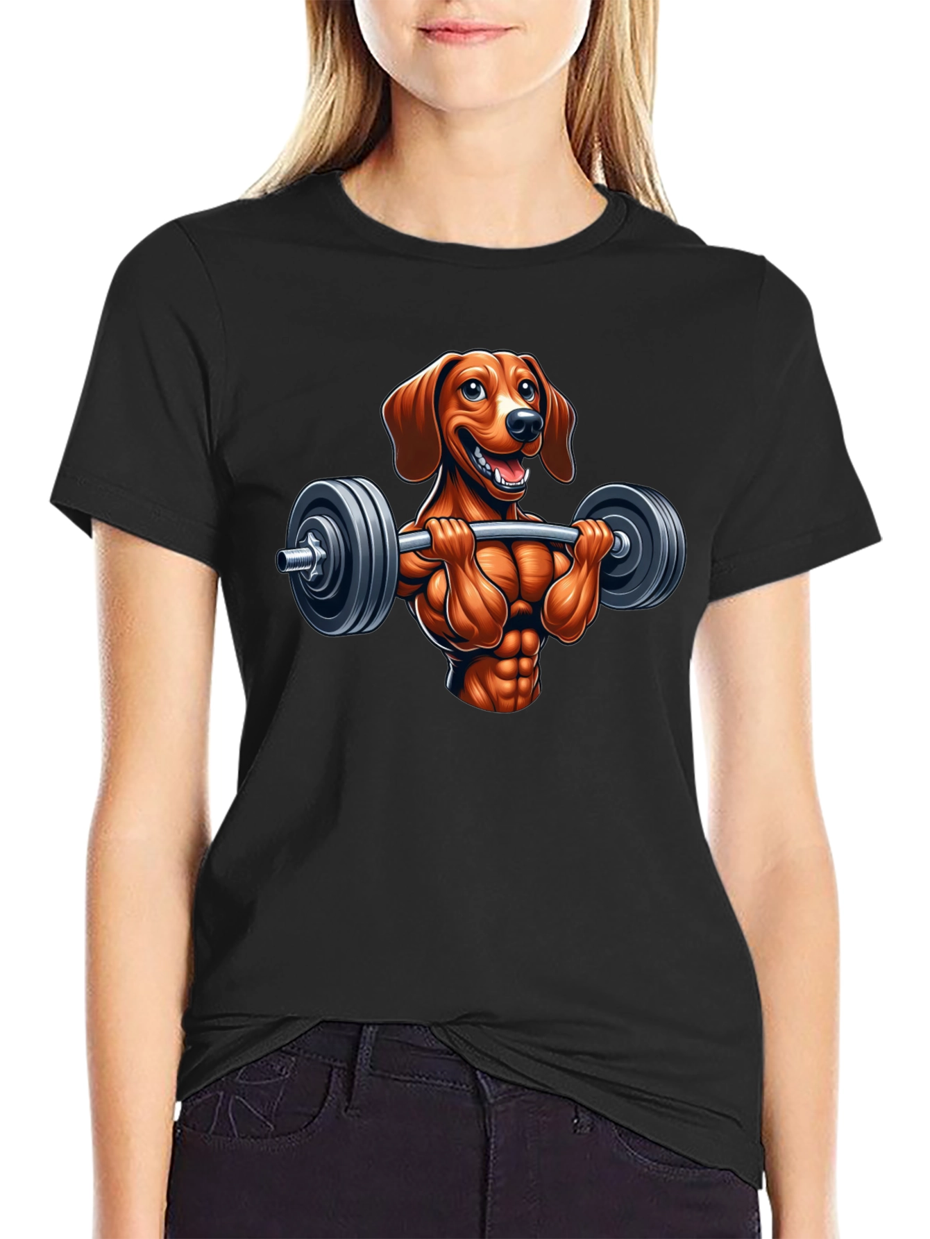 Black Dachshund Workout T-Shirt - Funny Dog Lifting Design view 2