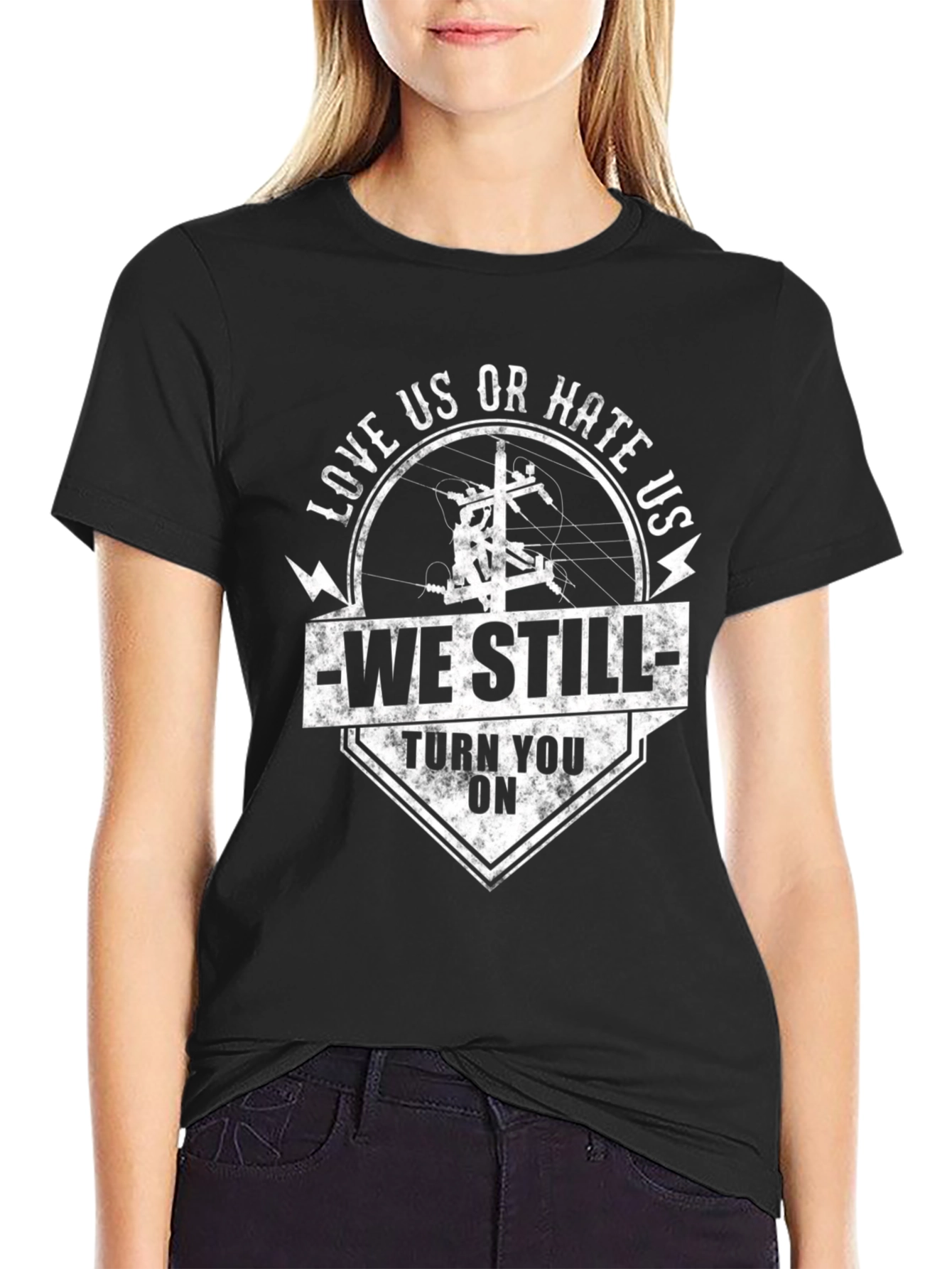 Black Electrician Humor T-Shirt - Love Us Or Hate Us view 2
