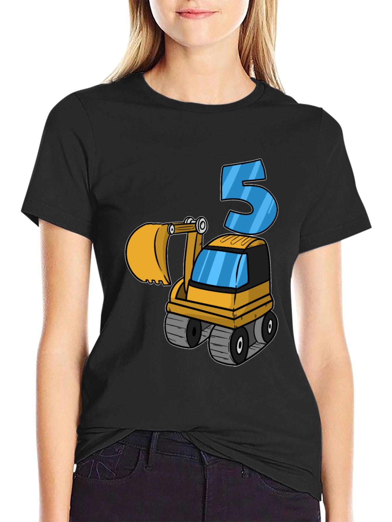Black Kids 5th Birthday Excavator T-Shirt view 2