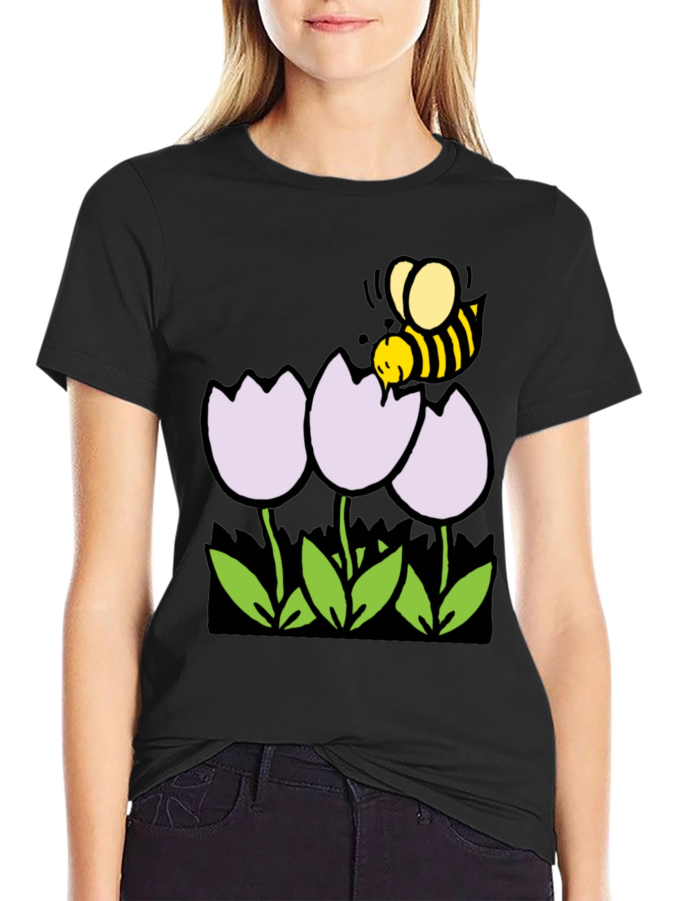 Black Bee and Flowers Graphic T-Shirt - Black Casual Tee view 2