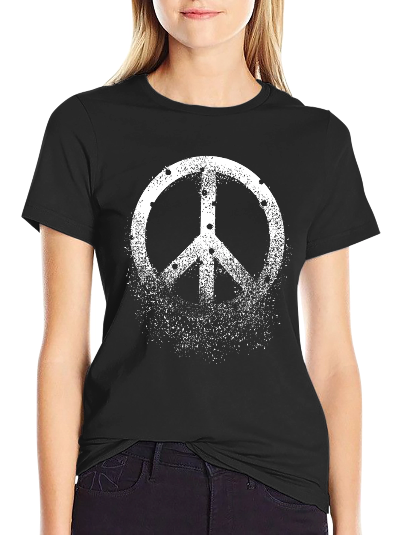 Black Vintage Peace Sign Graphic T-Shirt view 2