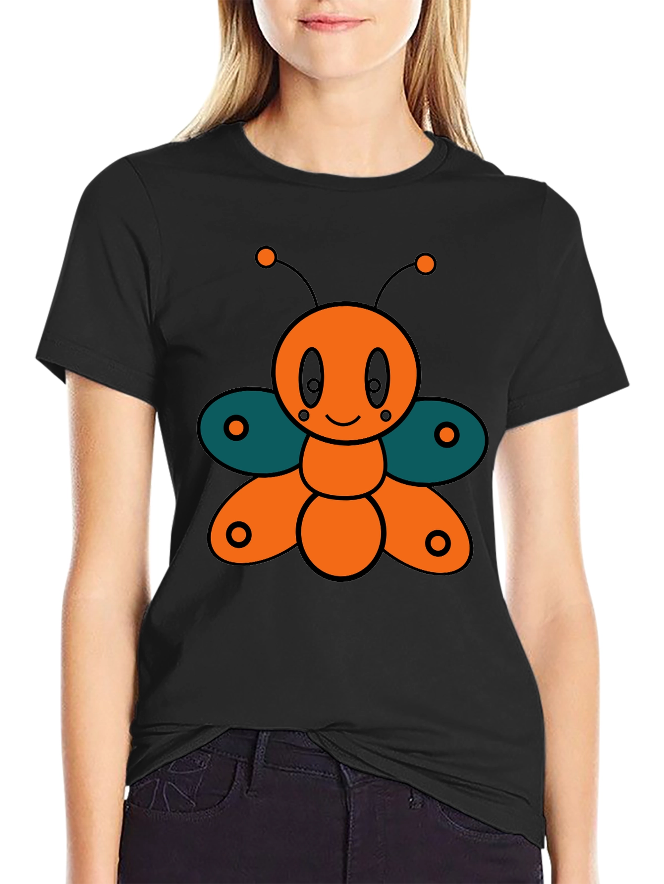 Black Cute Cartoon Butterfly Graphic Tee - Black view 2