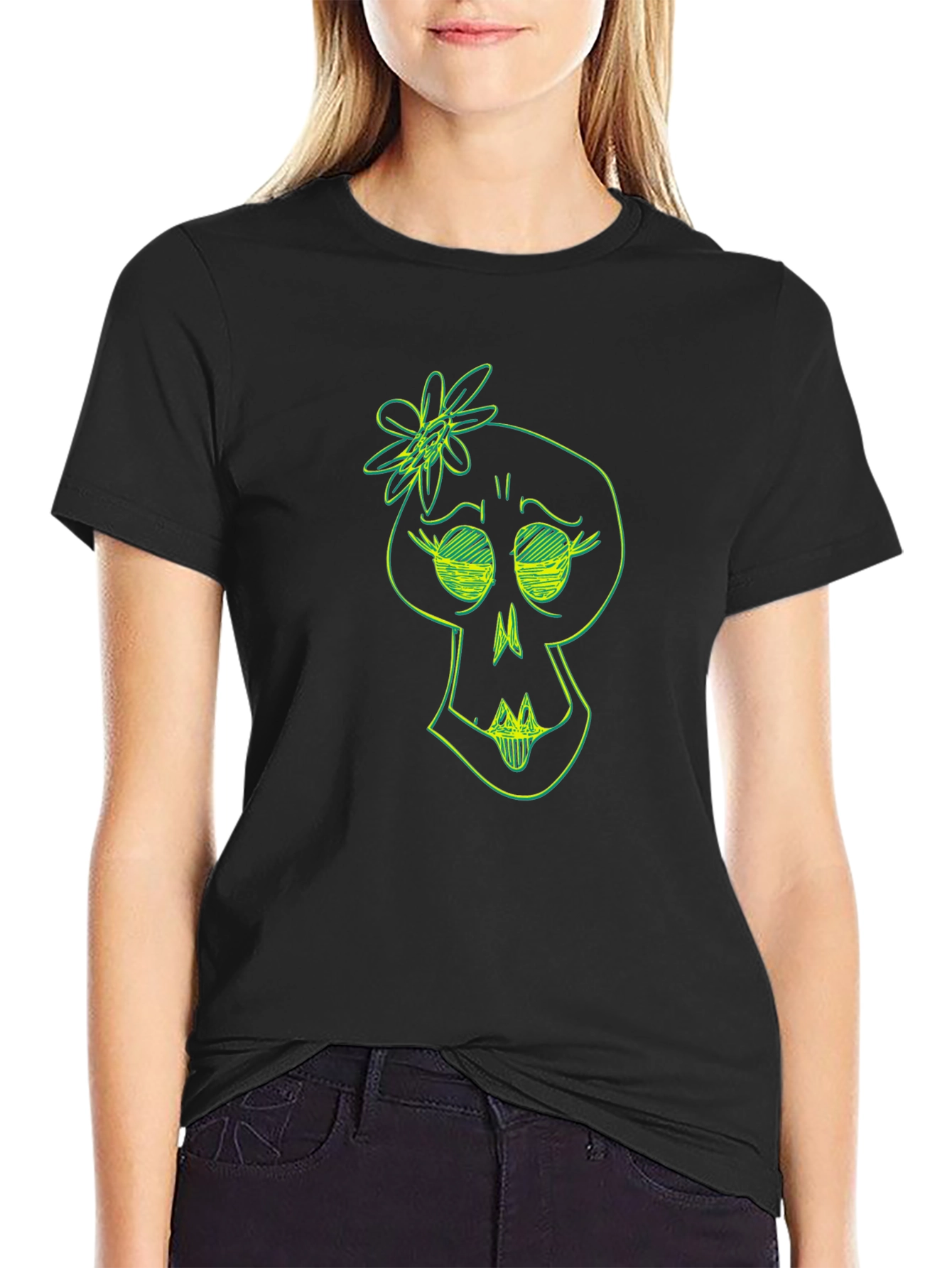 Black Skull Flower Graphic Tee - Trendy Black T-Shirt view 2