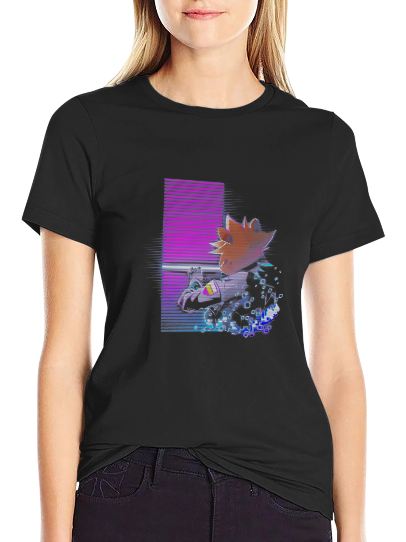 Black Retro Anime Graphic Black T-Shirt view 2