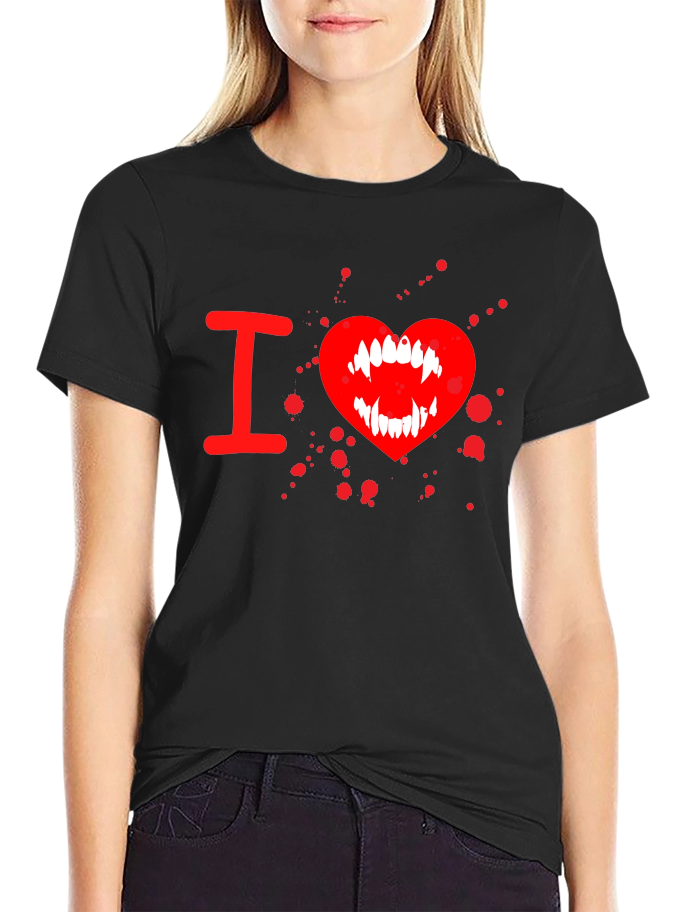 Black I Heart Vampire Fangs Tee - Black Cotton Graphic T-Shirt view 2