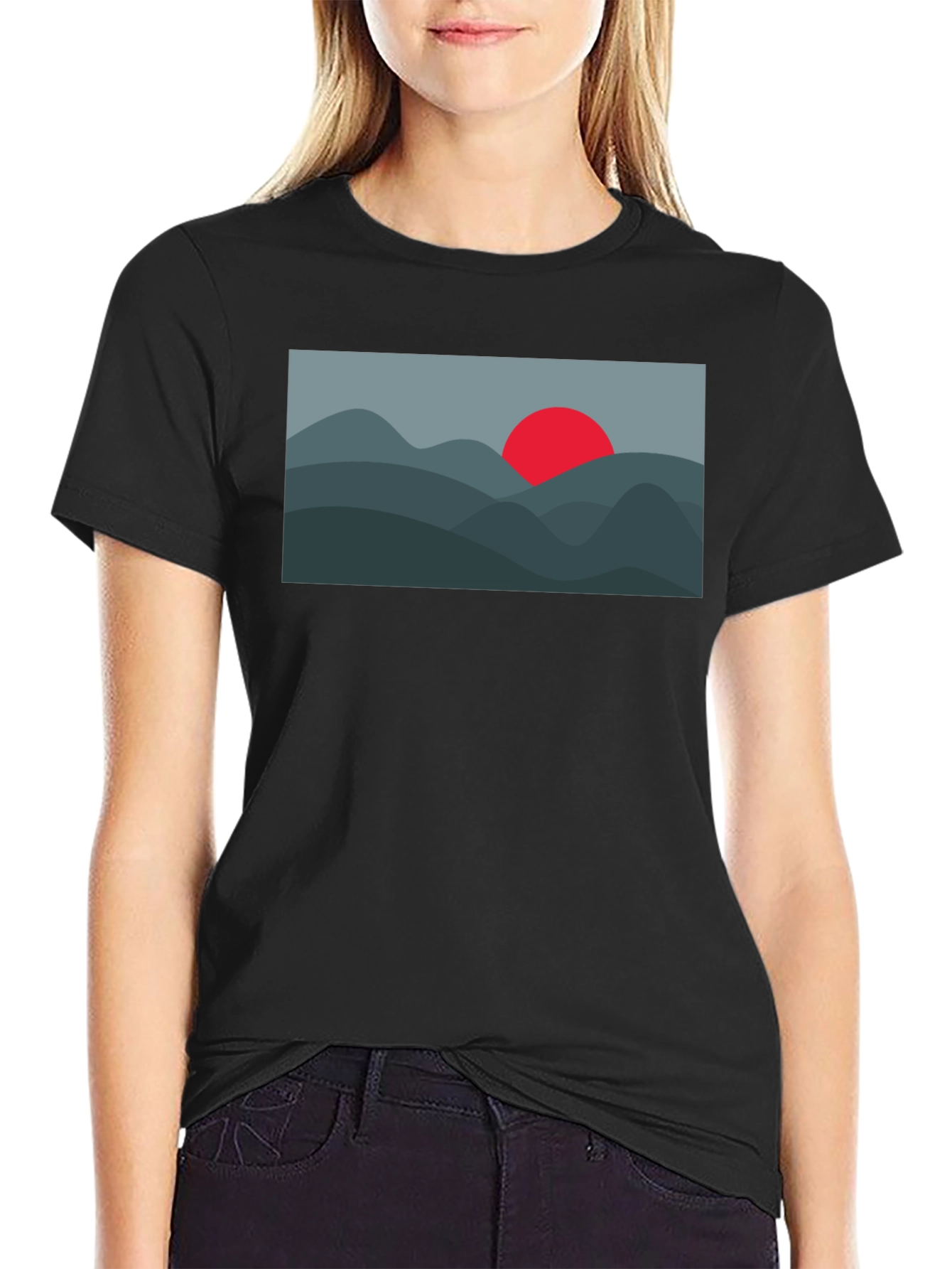 Black Minimalist Mountain & Sun Graphic Tee - Black view 2