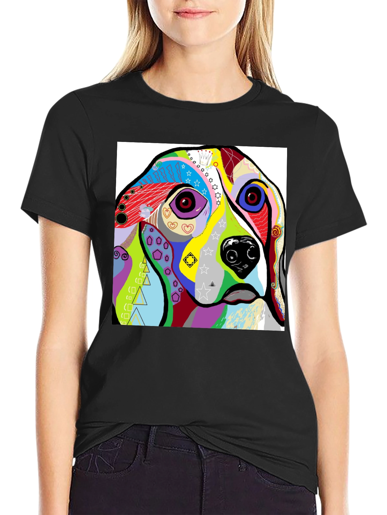 Black Abstract Dog Print Black T-Shirt view 2