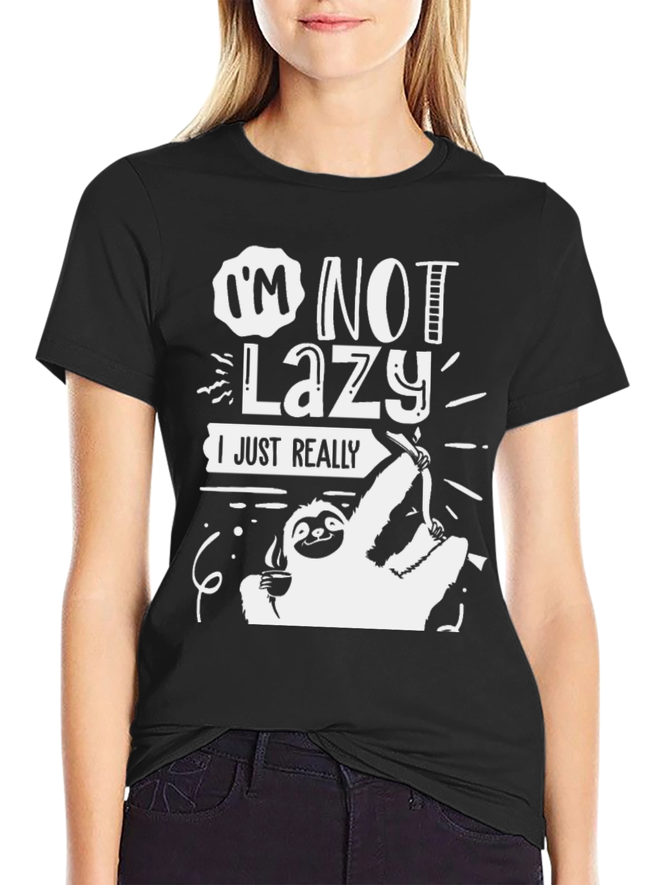 Black I'm Not Lazy, Sloth Graphic Tee - Black Cotton view 2