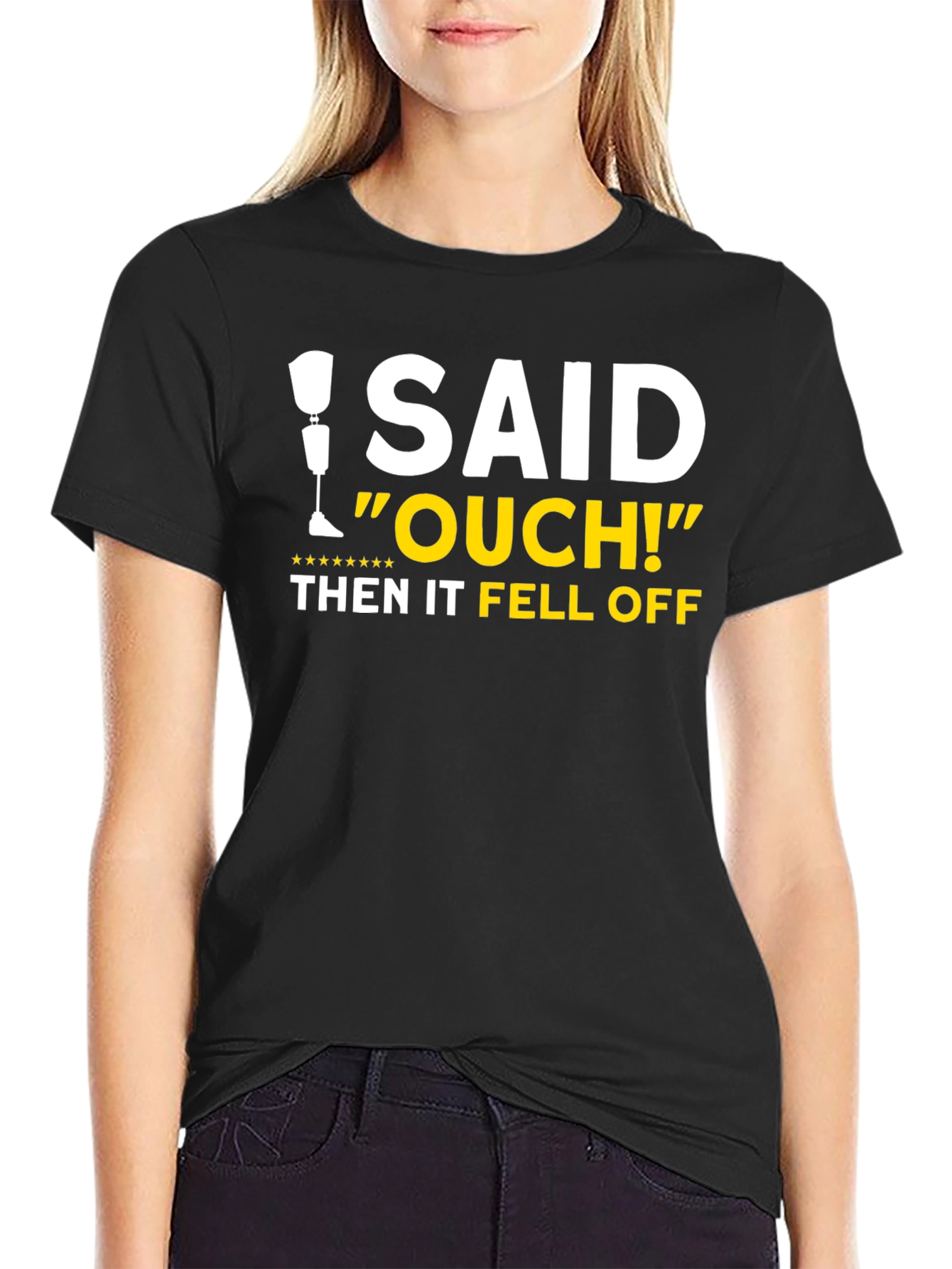 Black I Said Ouch! Leg Falls Off Humor T-Shirt view 2