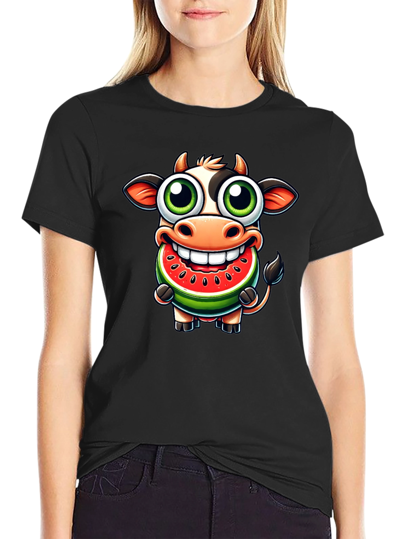 Black Funny Cow Watermelon Cartoon T-Shirt view 2
