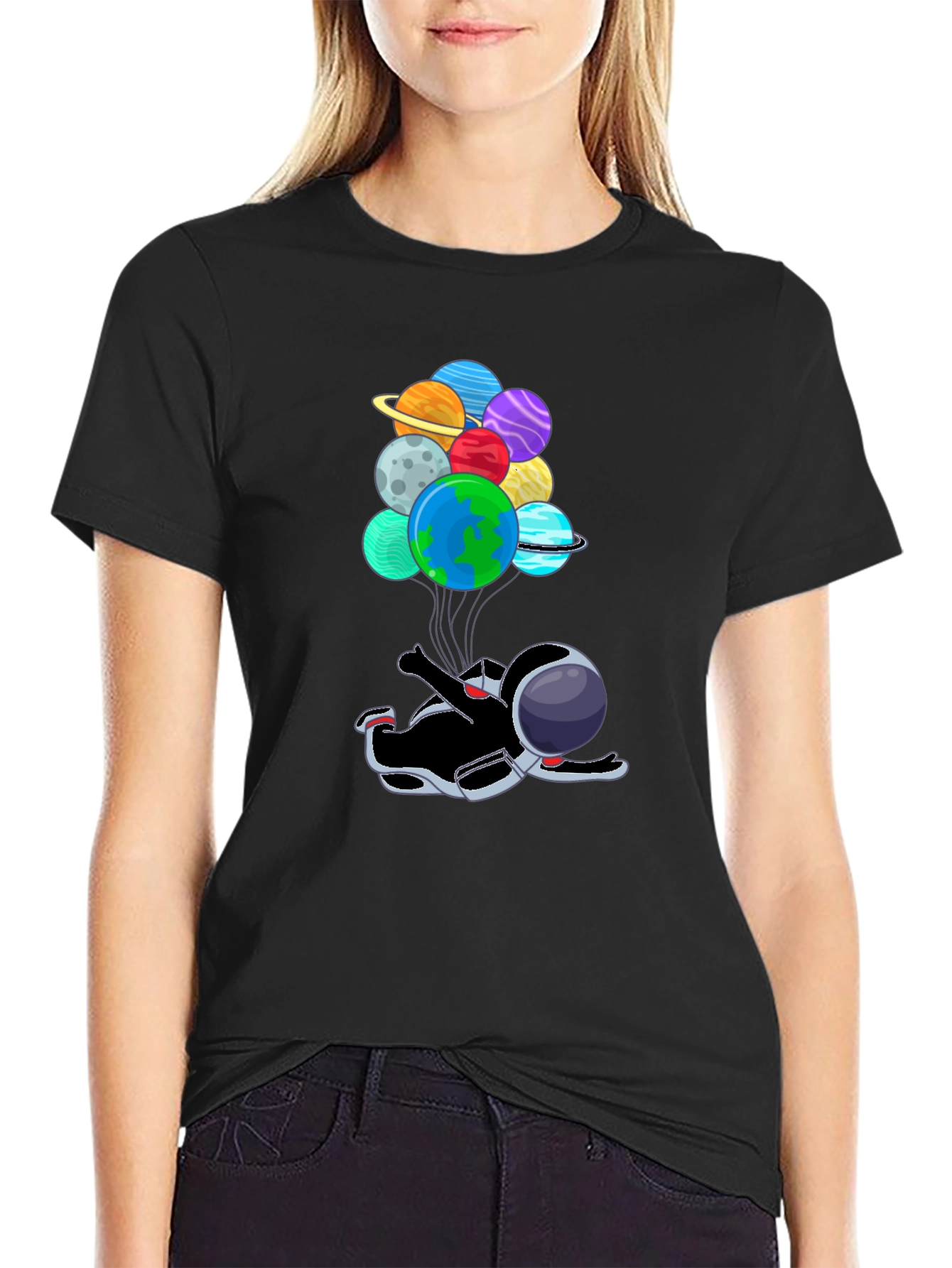 Black Astronaut Floating with Planet Balloons T-Shirt view 2