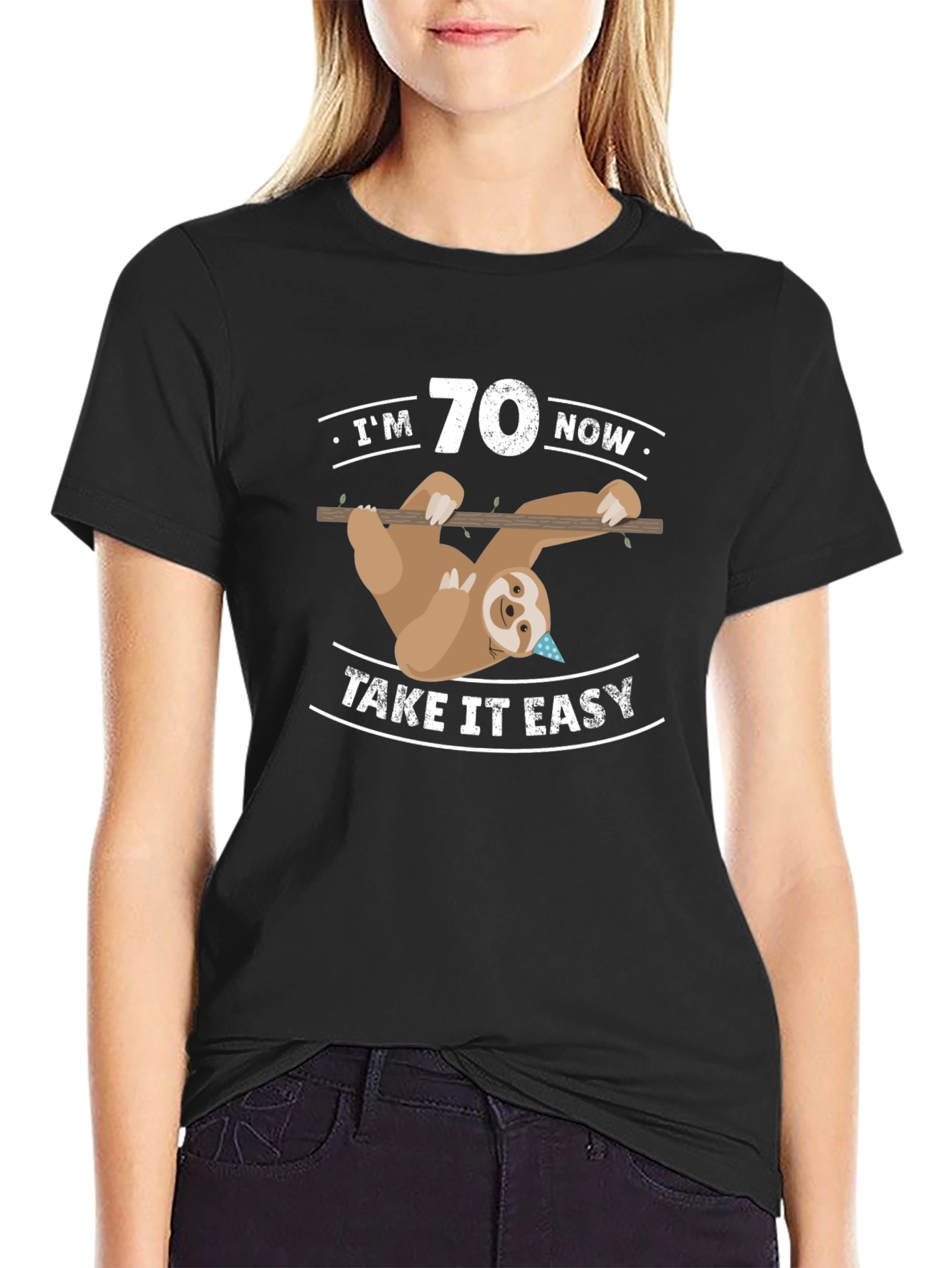 Black I'm 70 Now Take It Easy Sloth Graphic Tee view 2