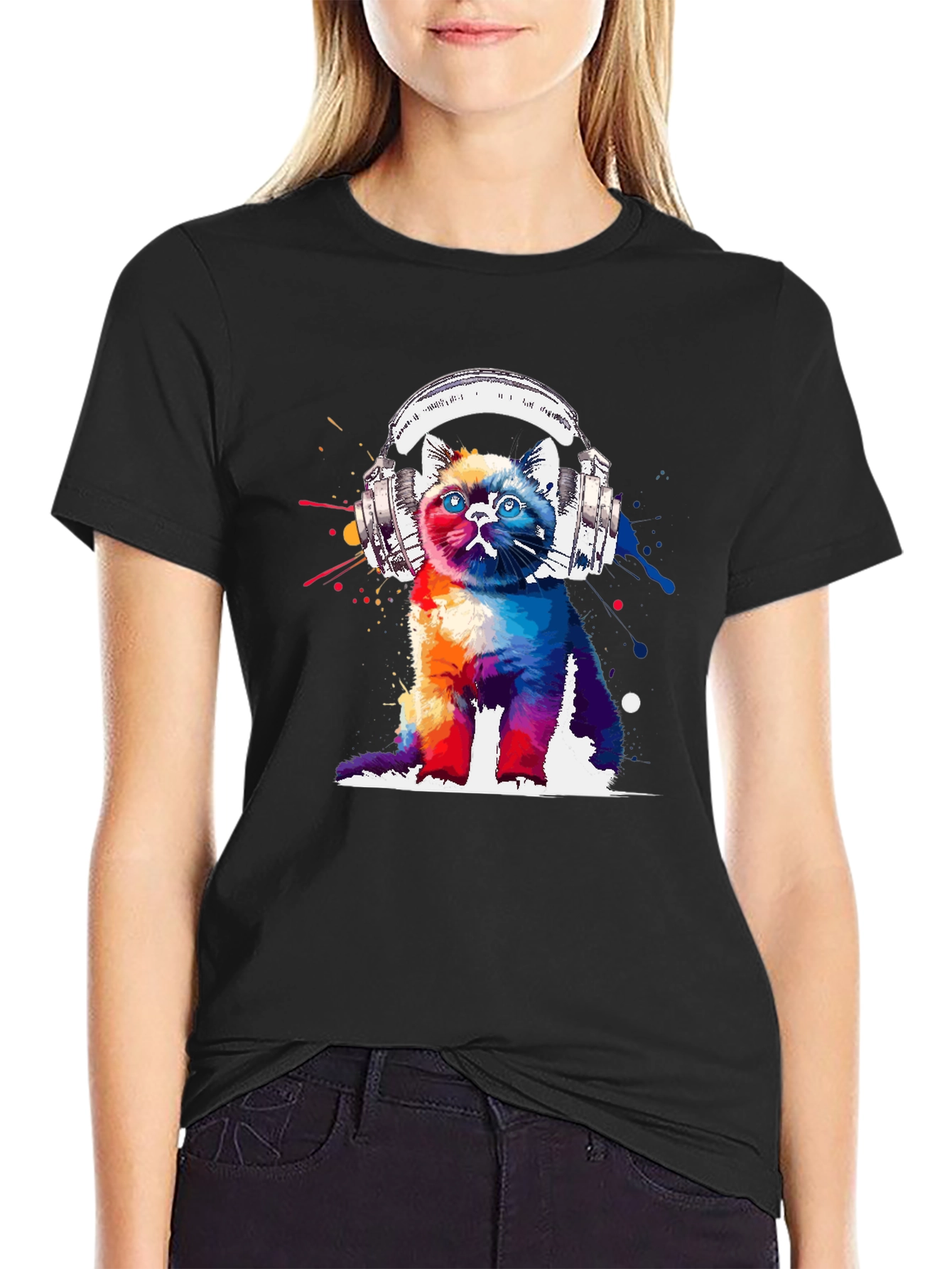 Black Colorful Cat Headphones Graphic T-Shirt view 2