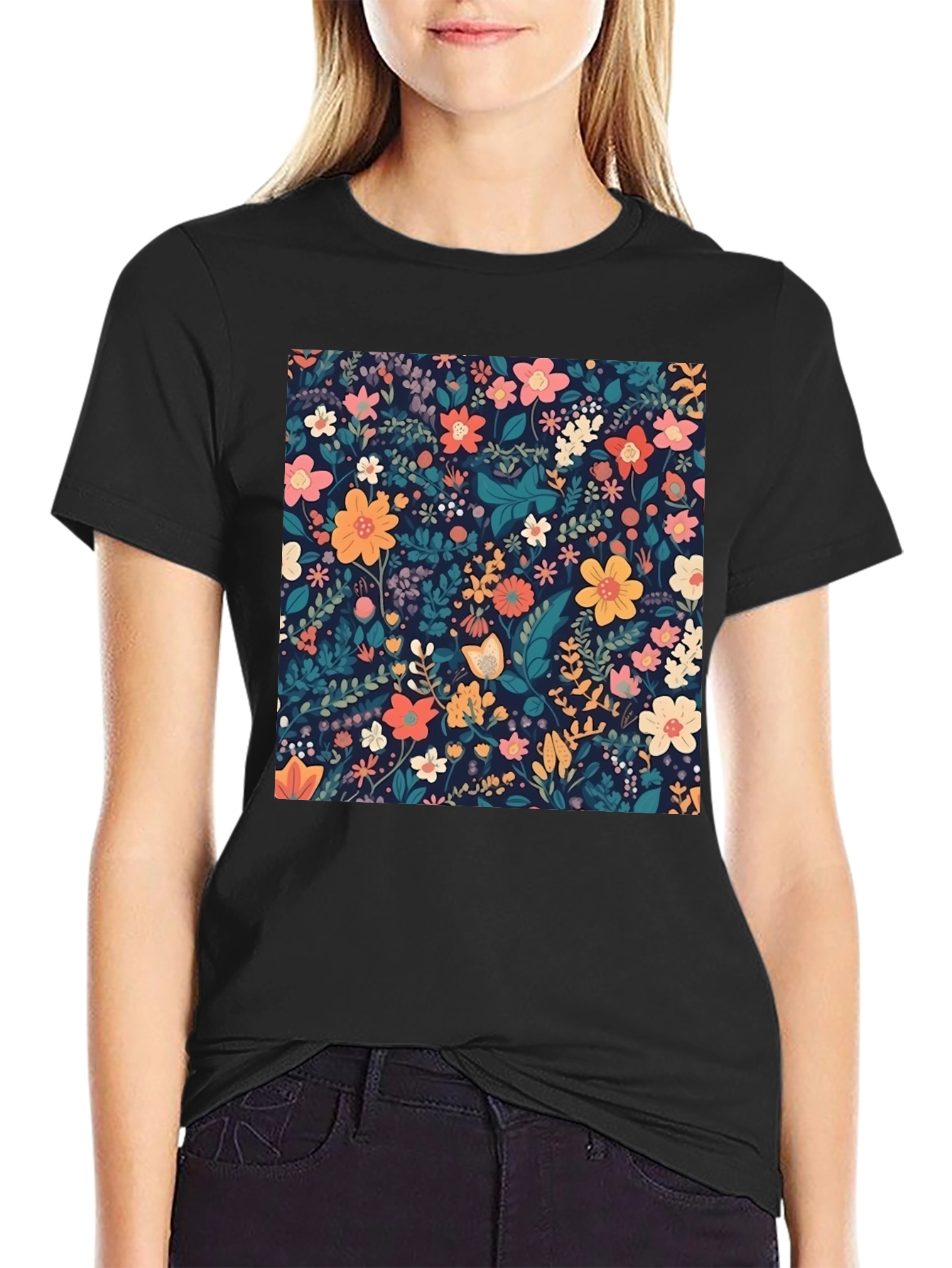 Black Floral Print Black T-Shirt view 2