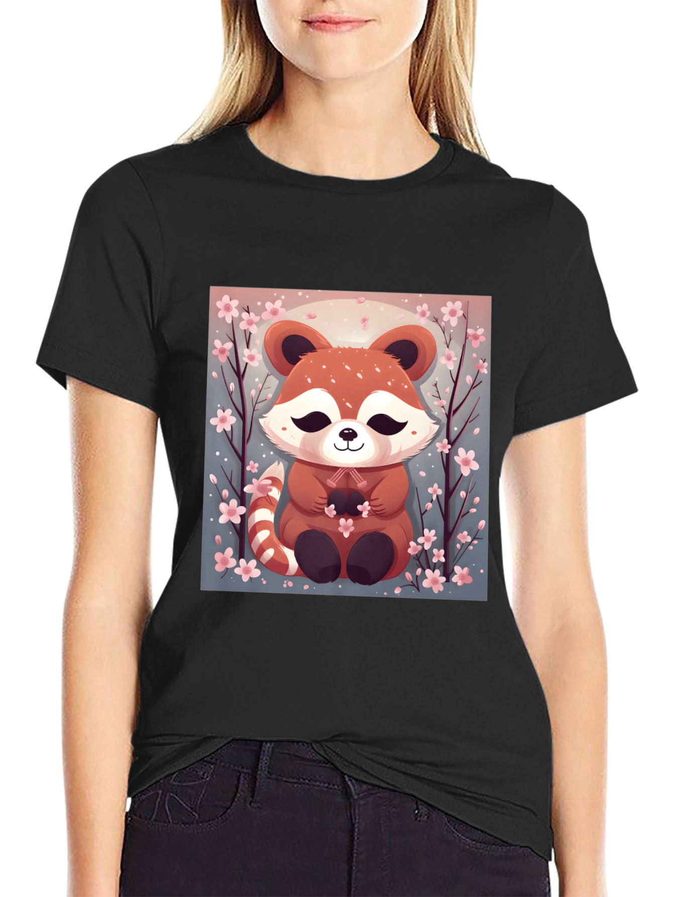 Black Cute Red Panda Cherry Blossom Black T-Shirt view 2