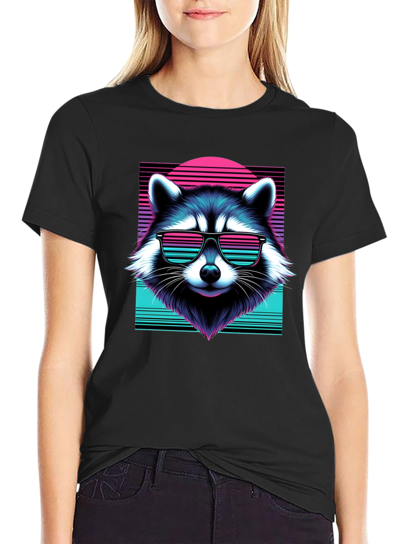 Black Retro Raccoon Graphic Tee - Black Cotton Blend view 2