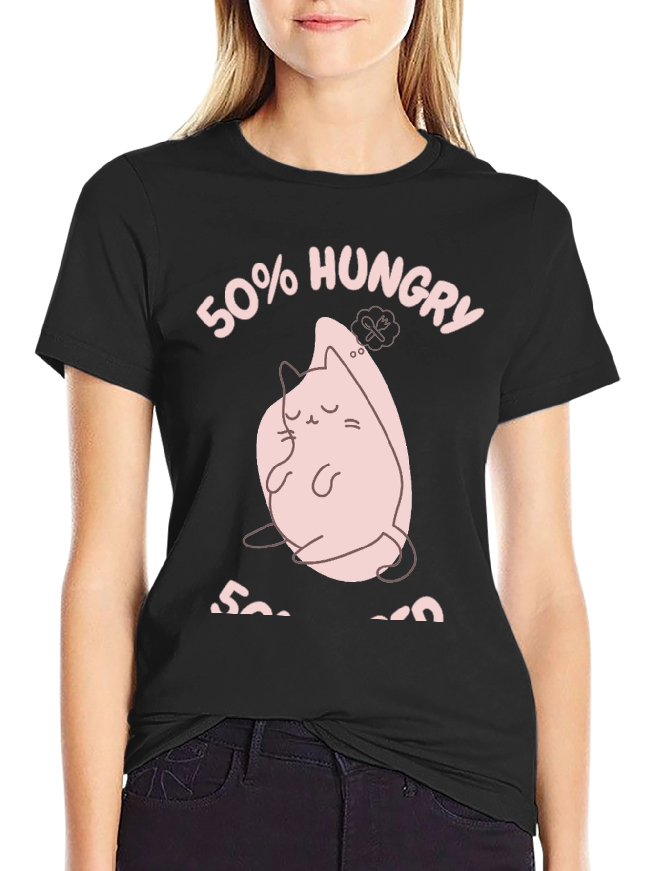 Black 50% Hungry Cat T-Shirt - Cute Black Tee view 2