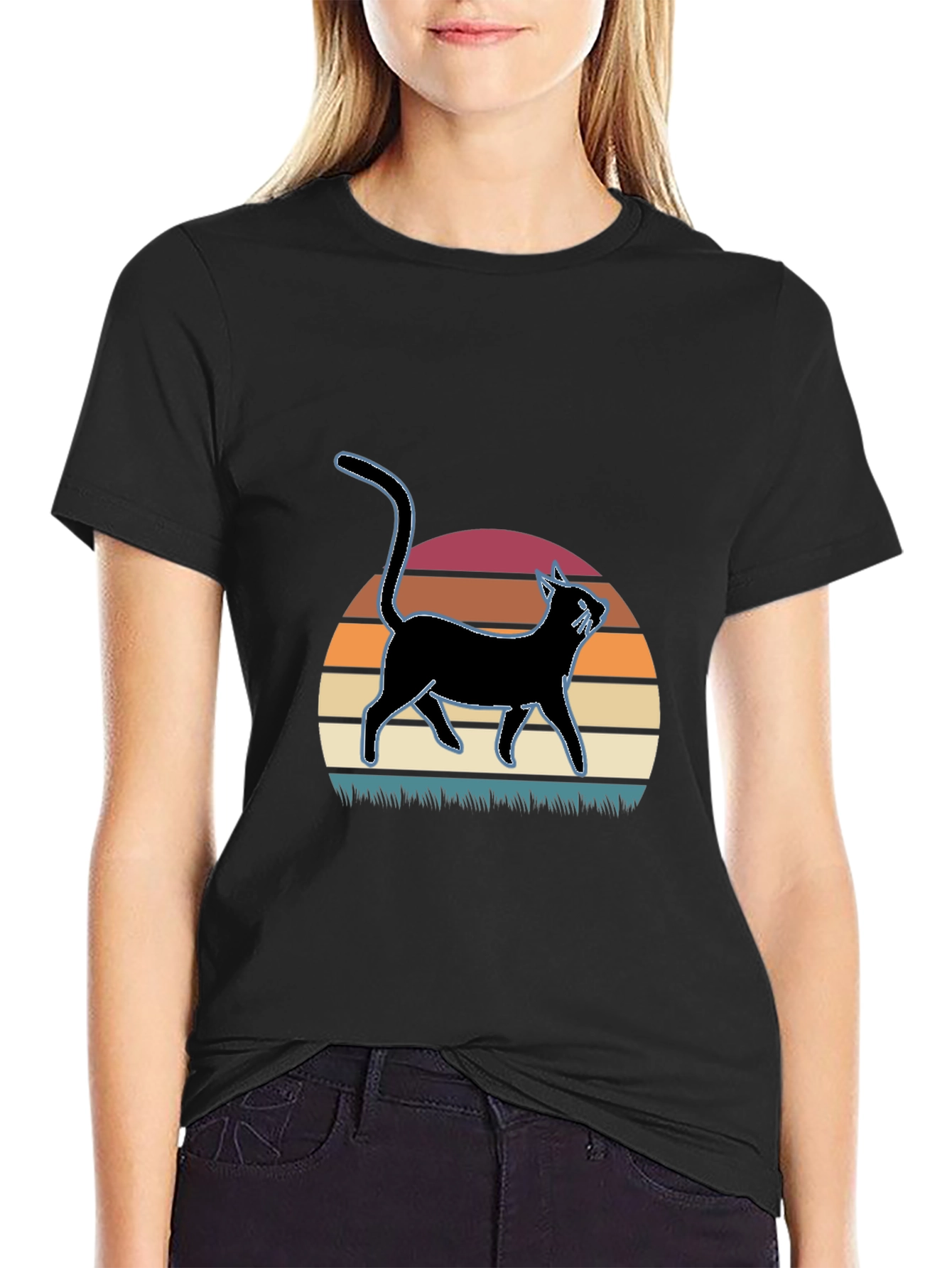 Black Retro Cat Silhouette T-Shirt view 2