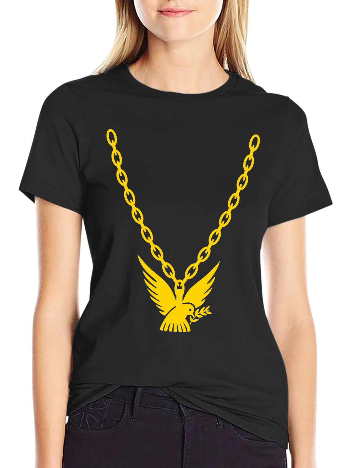 Black Men's Black T-Shirt with Gold Chain & Dove Graphic view 2