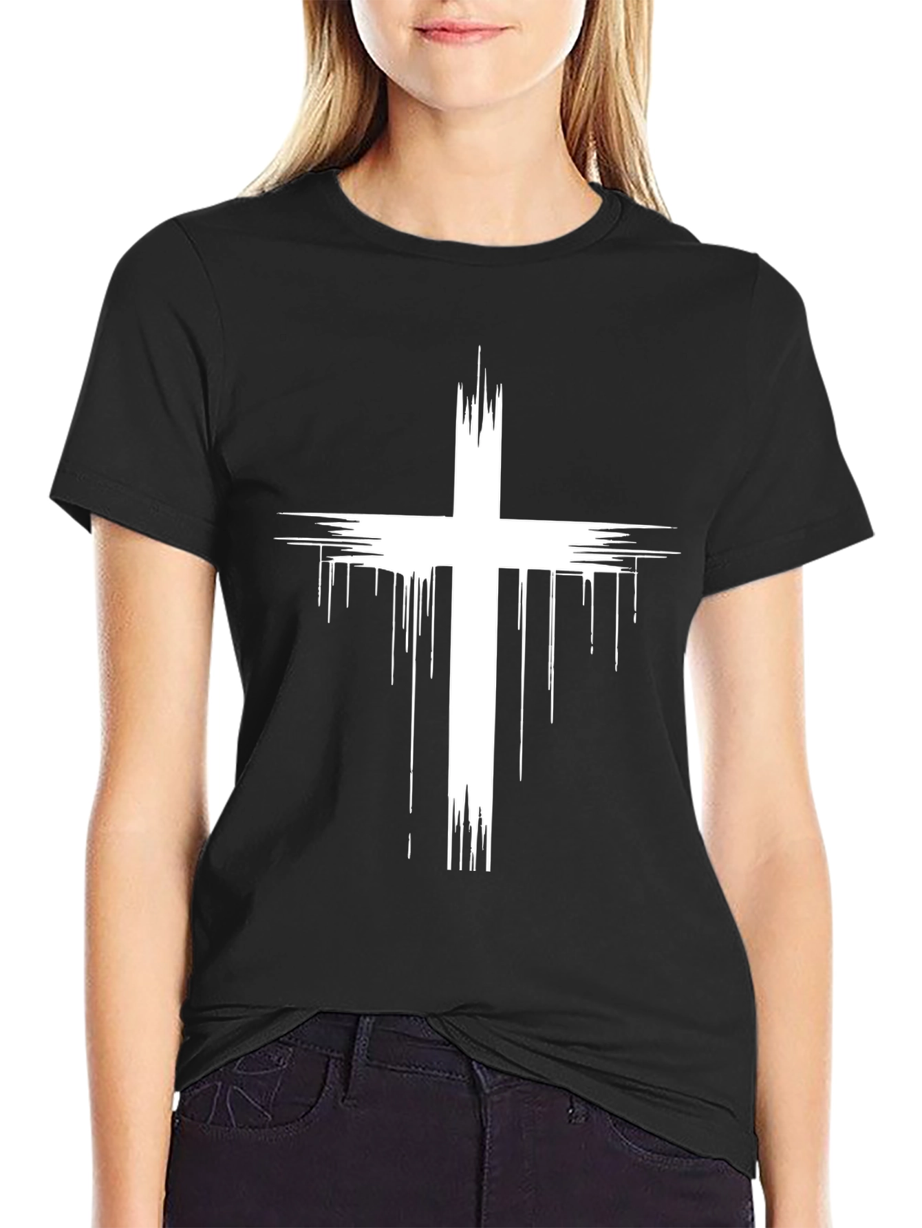 Distressed Cross Graphic Print Black T-Shirt - 2