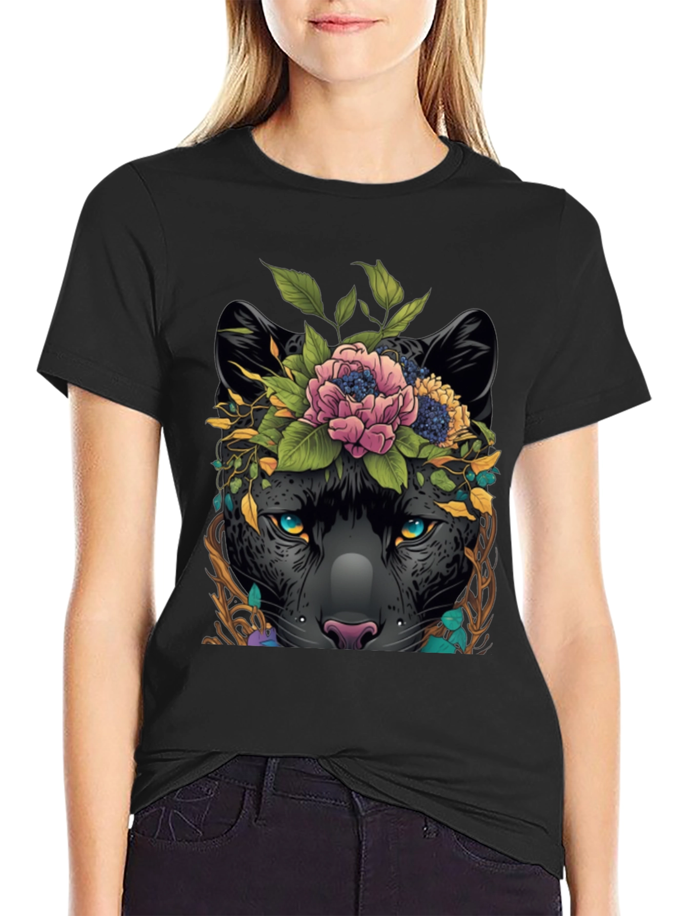 Black Floral Panther Graphic Tee - Unique Animal Design view 2