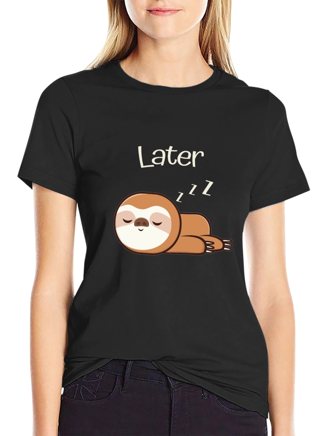 Black Men's Black T-Shirt with Sleeping Sloth Design view 2
